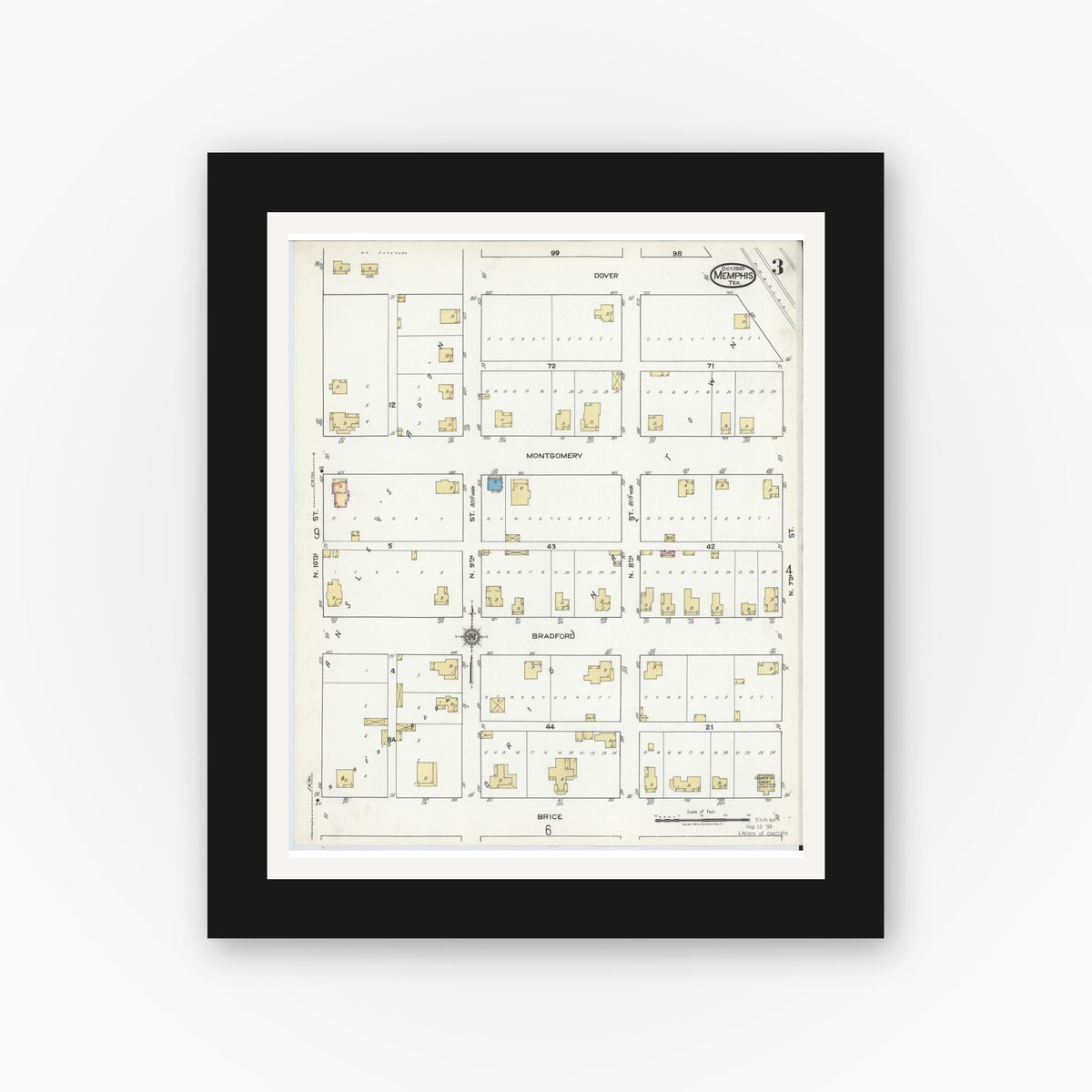 Old map wall art mockup — black gallery frame with white mat — Sanborn Fire Insurance Map from Memphis, Hall County, Texas (1920), Sheet #0003