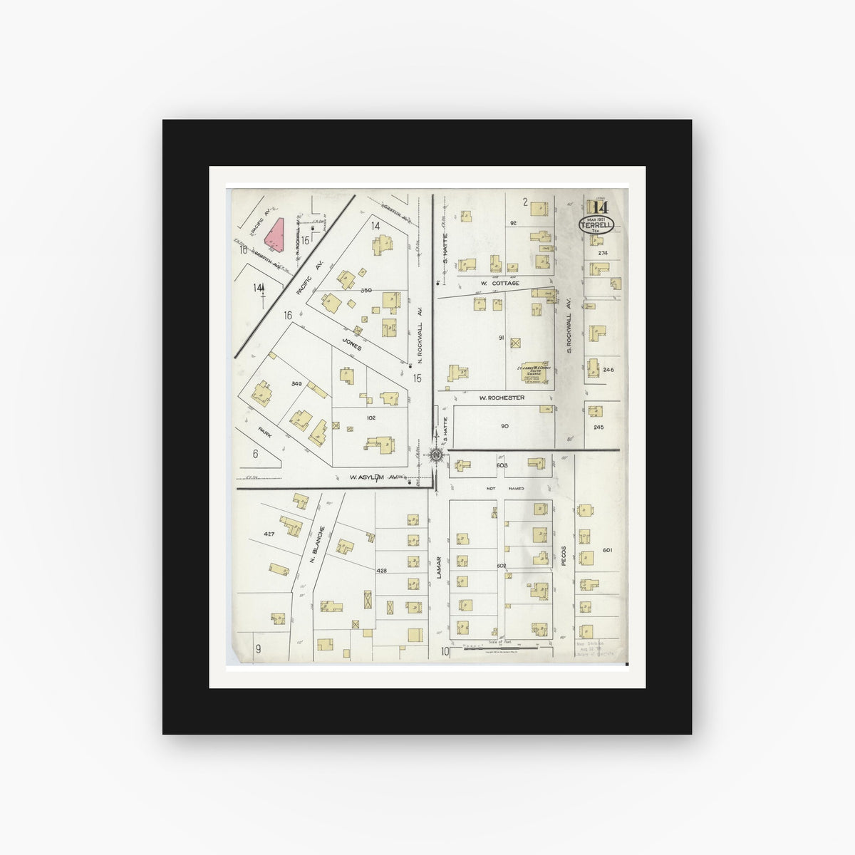 Old map wall art mockup — black gallery frame with white mat — Sanborn Fire Insurance Map from Terrell, Kaufman County, Texas (1921), Sheet #0014