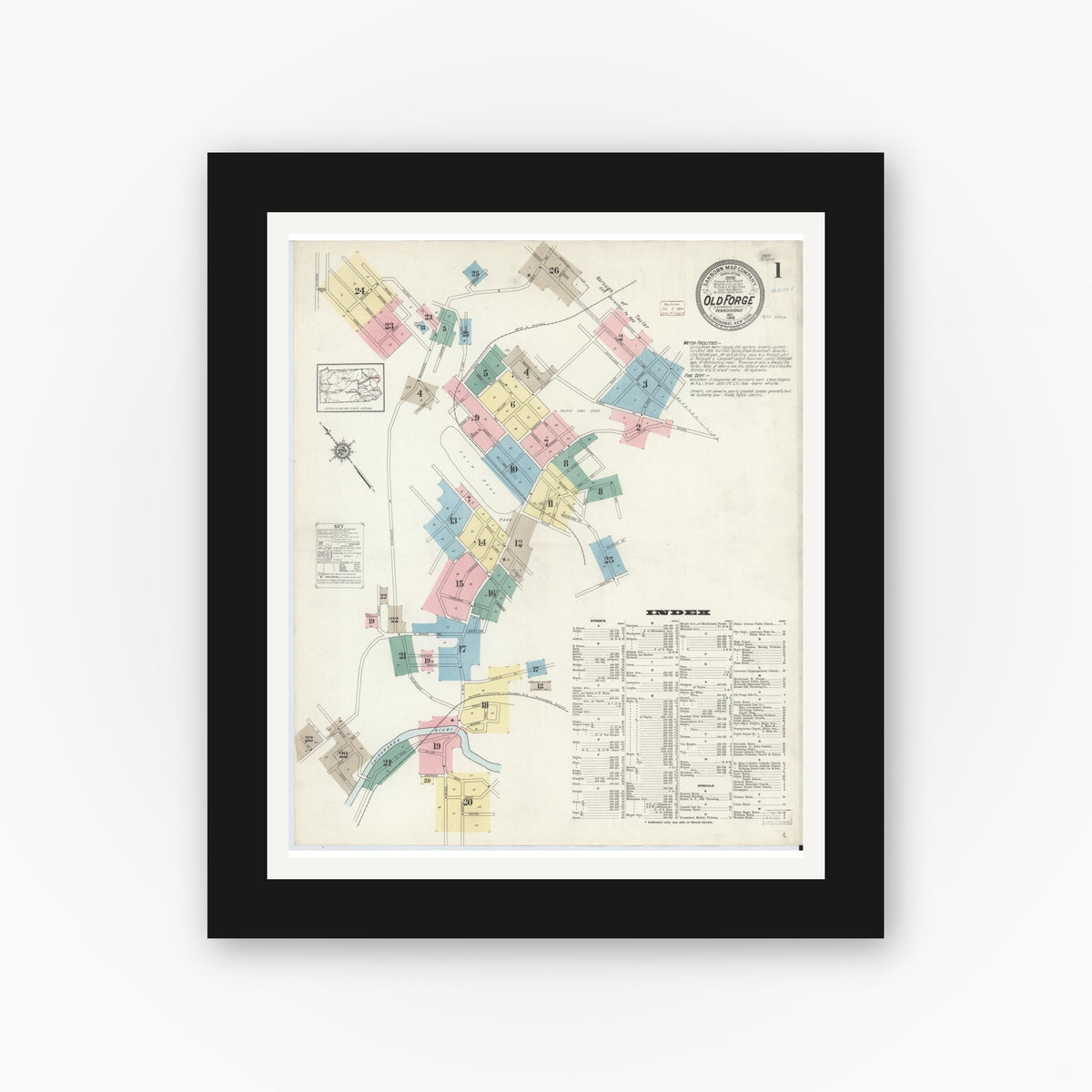 Old map wall art mockup — black gallery frame with white mat — Sanborn Fire Insurance Map from Old Forge, Lackawanna County, Pennsylvania (1914) - Complete Map Set