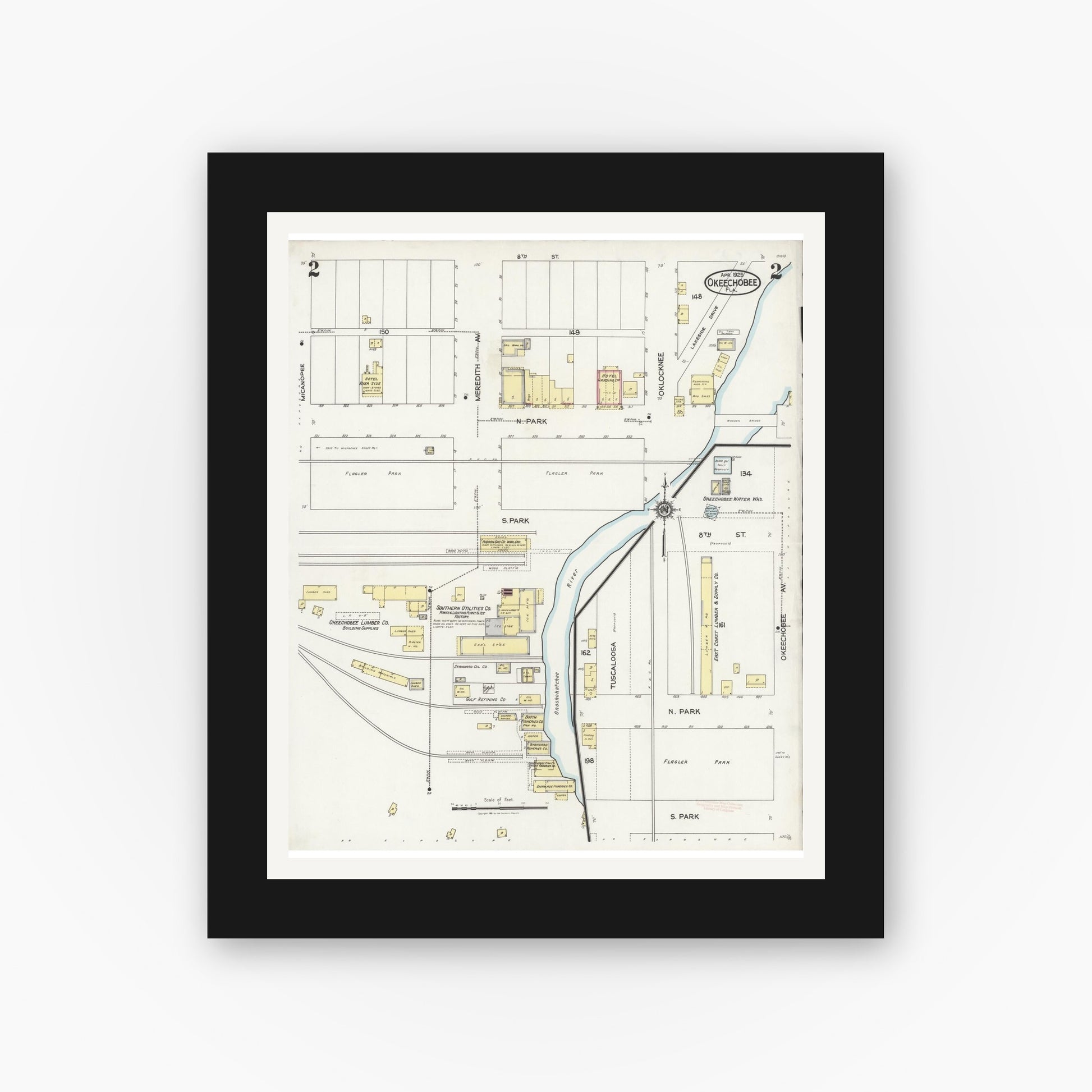 Old map wall art mockup — black gallery frame with white mat — Sanborn Fire Insurance Map from Okeechobee, Okeechobee County, Florida (1925), Sheet #0002