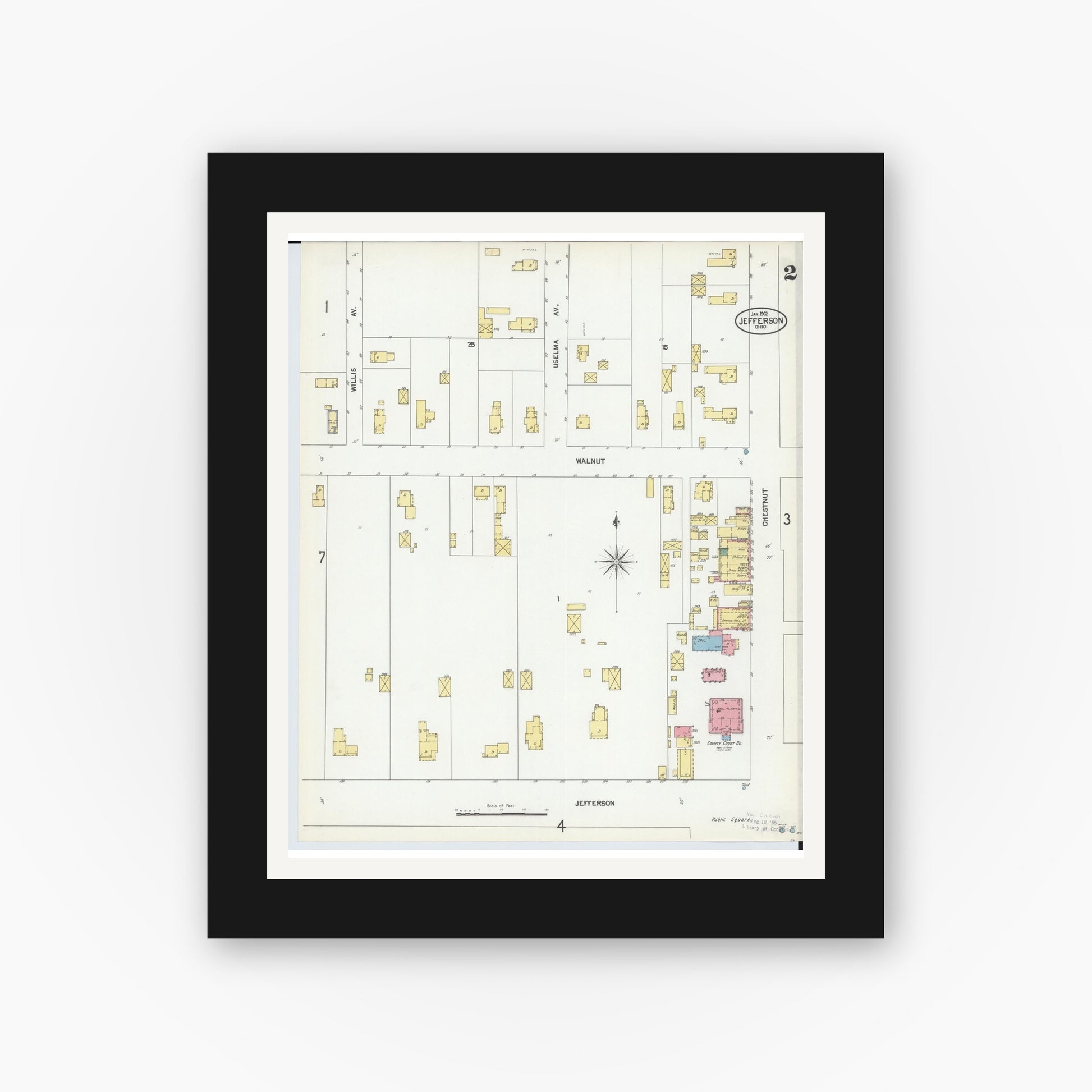 Old map wall art mockup — black gallery frame with white mat — Sanborn Fire Insurance Map from Jefferson, Ashtabula County, Ohio (1902), Sheet #0002