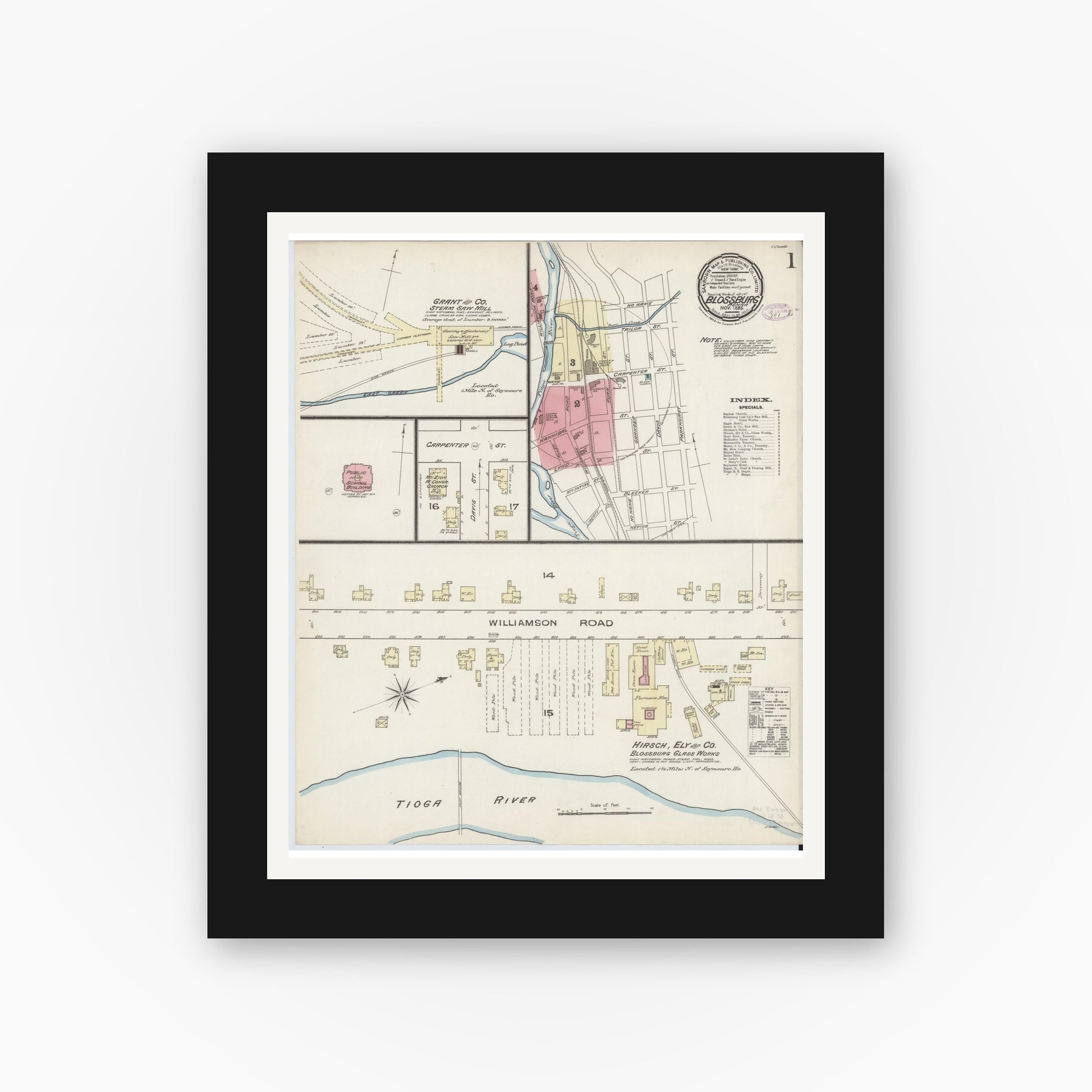 Old map wall art mockup — black gallery frame with white mat — Sanborn Fire Insurance Map from Blossburg, Tioga County, Pennsylvania (1885) - Complete Map Set