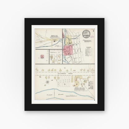 Old map wall art mockup — black gallery frame with white mat — Sanborn Fire Insurance Map from Blossburg, Tioga County, Pennsylvania (1885) - Complete Map Set