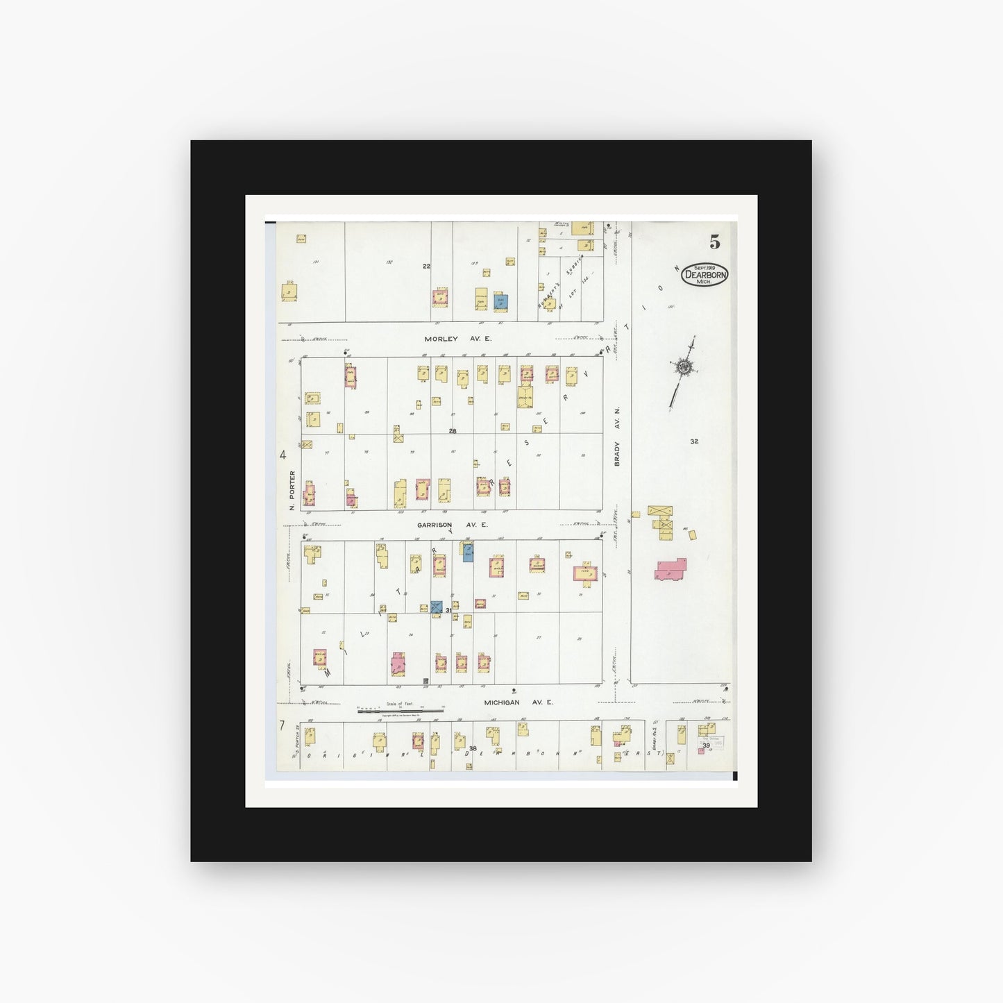 Old map wall art mockup — black gallery frame with white mat — Sanborn Fire Insurance Map from Dearborn, Wayne County, Michigan (1919), Sheet #0005
