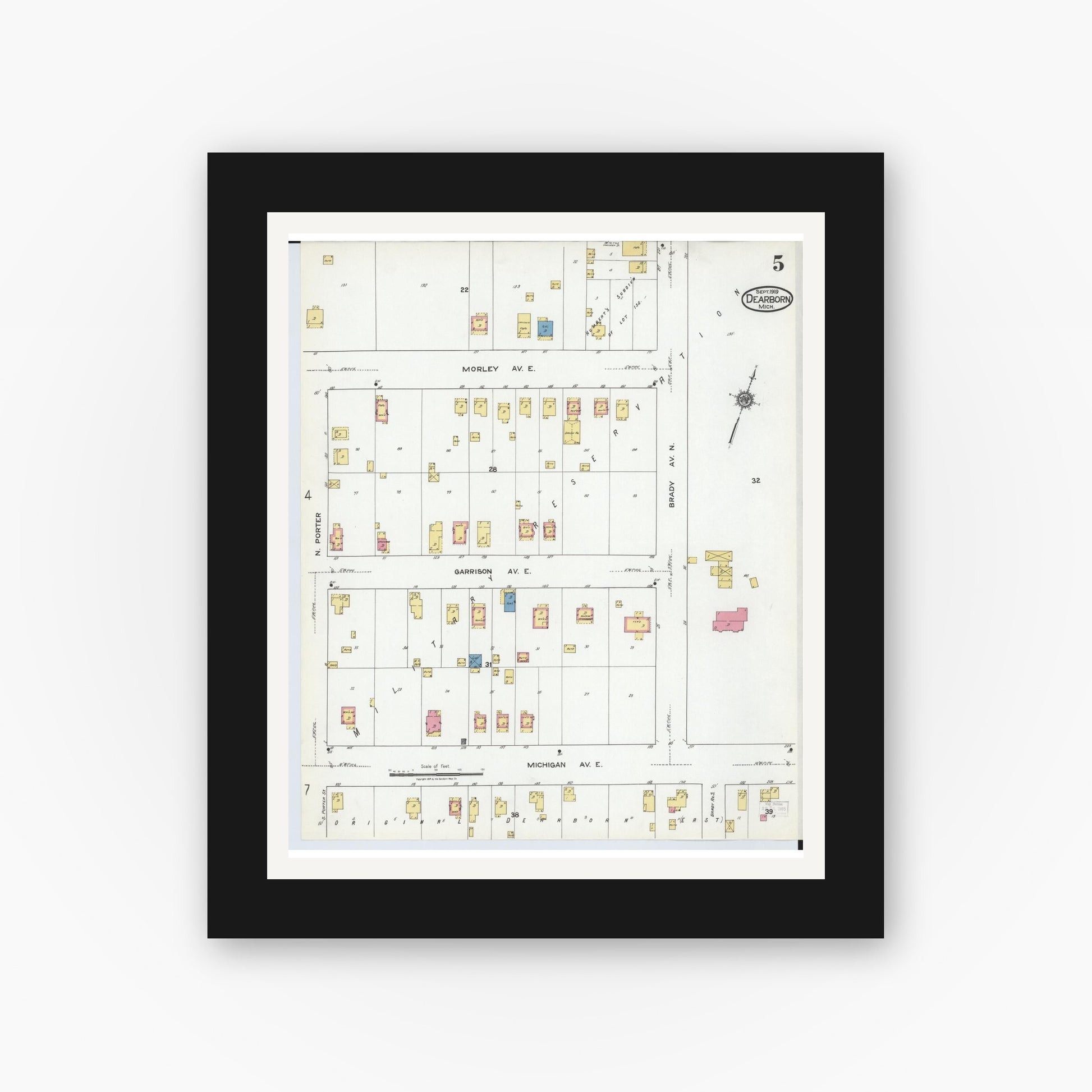Old map wall art mockup — black gallery frame with white mat — Sanborn Fire Insurance Map from Dearborn, Wayne County, Michigan (1919), Sheet #0005