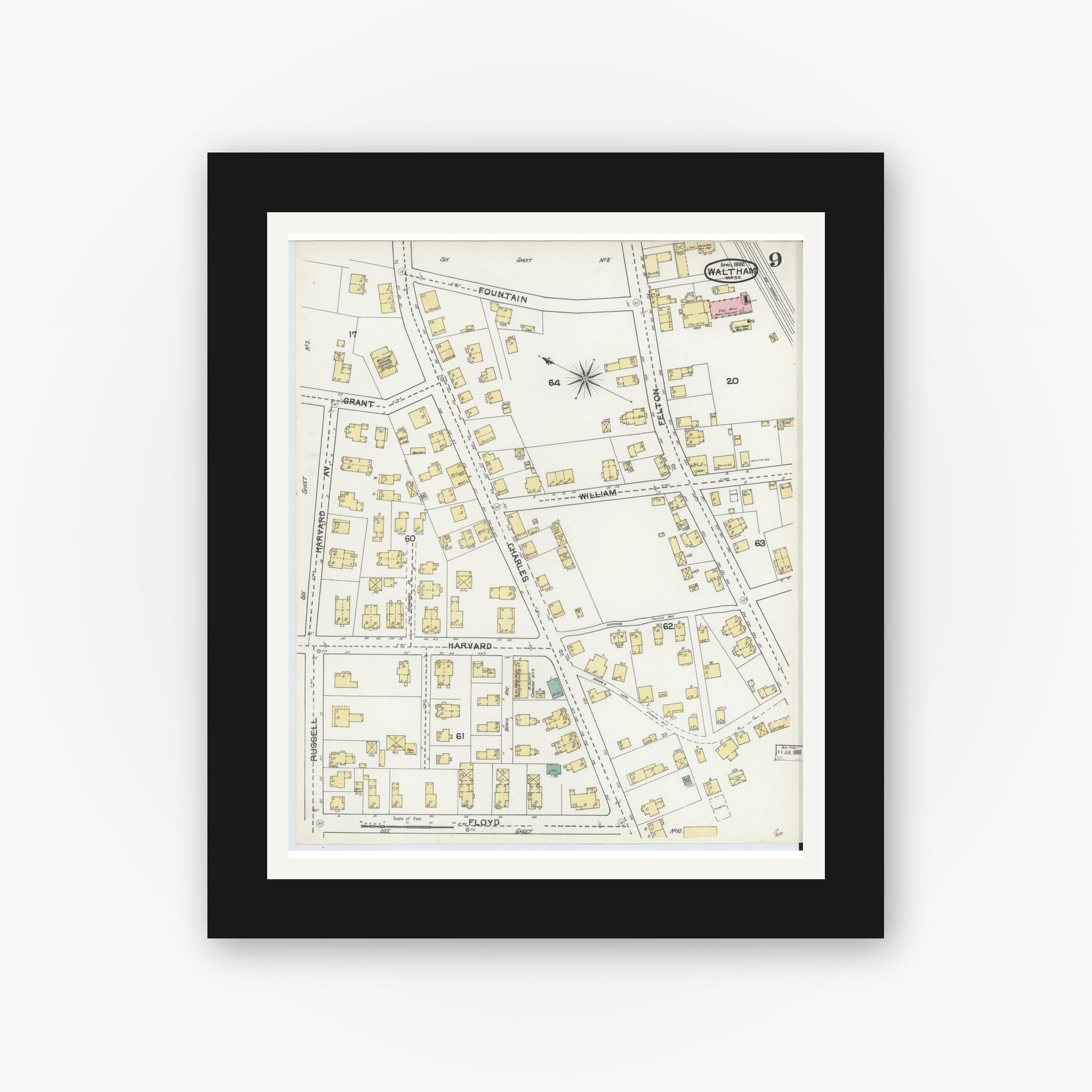Old map wall art mockup — black gallery frame with white mat — Sanborn Fire Insurance Map from Waltham, Middlesex County, Massachusetts (1892), Sheet #0009