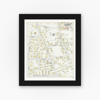 Old map wall art mockup — black gallery frame with white mat — Sanborn Fire Insurance Map from Waltham, Middlesex County, Massachusetts (1892), Sheet #0009