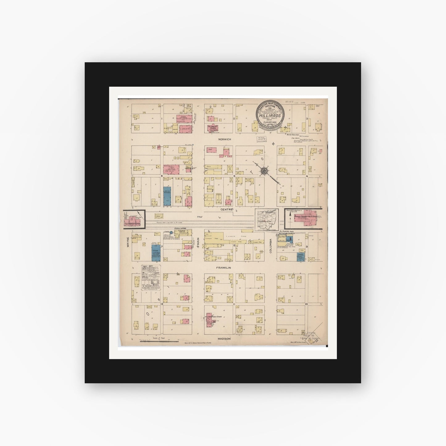 Old map wall art mockup — black gallery frame with white mat — Sanborn Fire Insurance Map from Hilliards, Franklin County, Ohio (1922), Sheet #0001