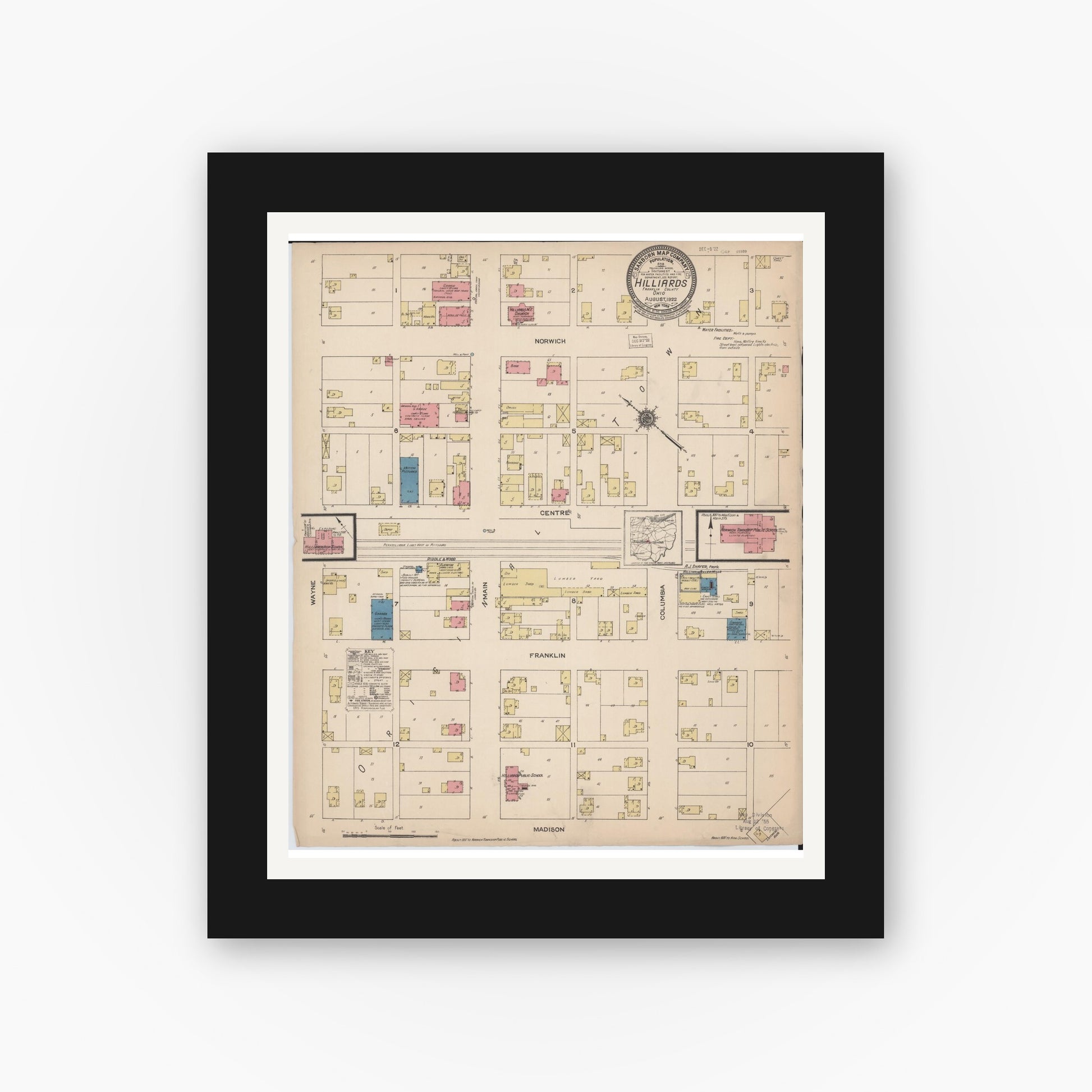 Old map wall art mockup — black gallery frame with white mat — Sanborn Fire Insurance Map from Hilliards, Franklin County, Ohio (1922), Sheet #0001