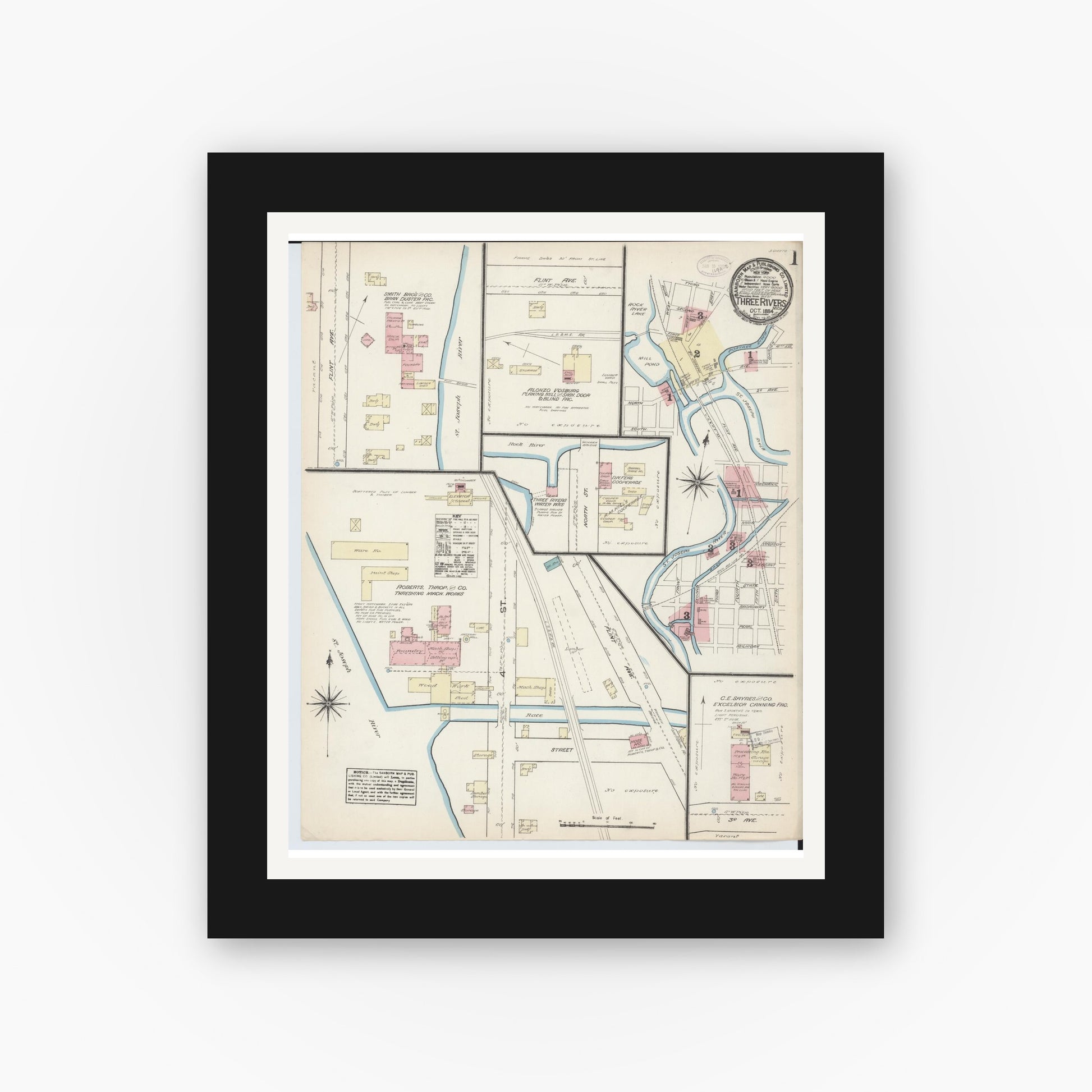 Old map wall art mockup — black gallery frame with white mat — Sanborn Fire Insurance Map from Three Rivers, Saint Joseph County, Michigan (1884) - Complete Map Set