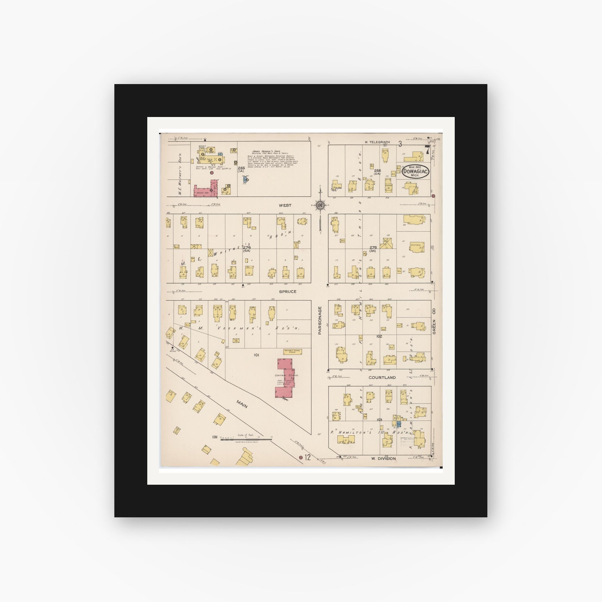Old map wall art mockup — black gallery frame with white mat — Sanborn Fire Insurance Map from Dowagiac, Cass County, Michigan (1922), Sheet #0007