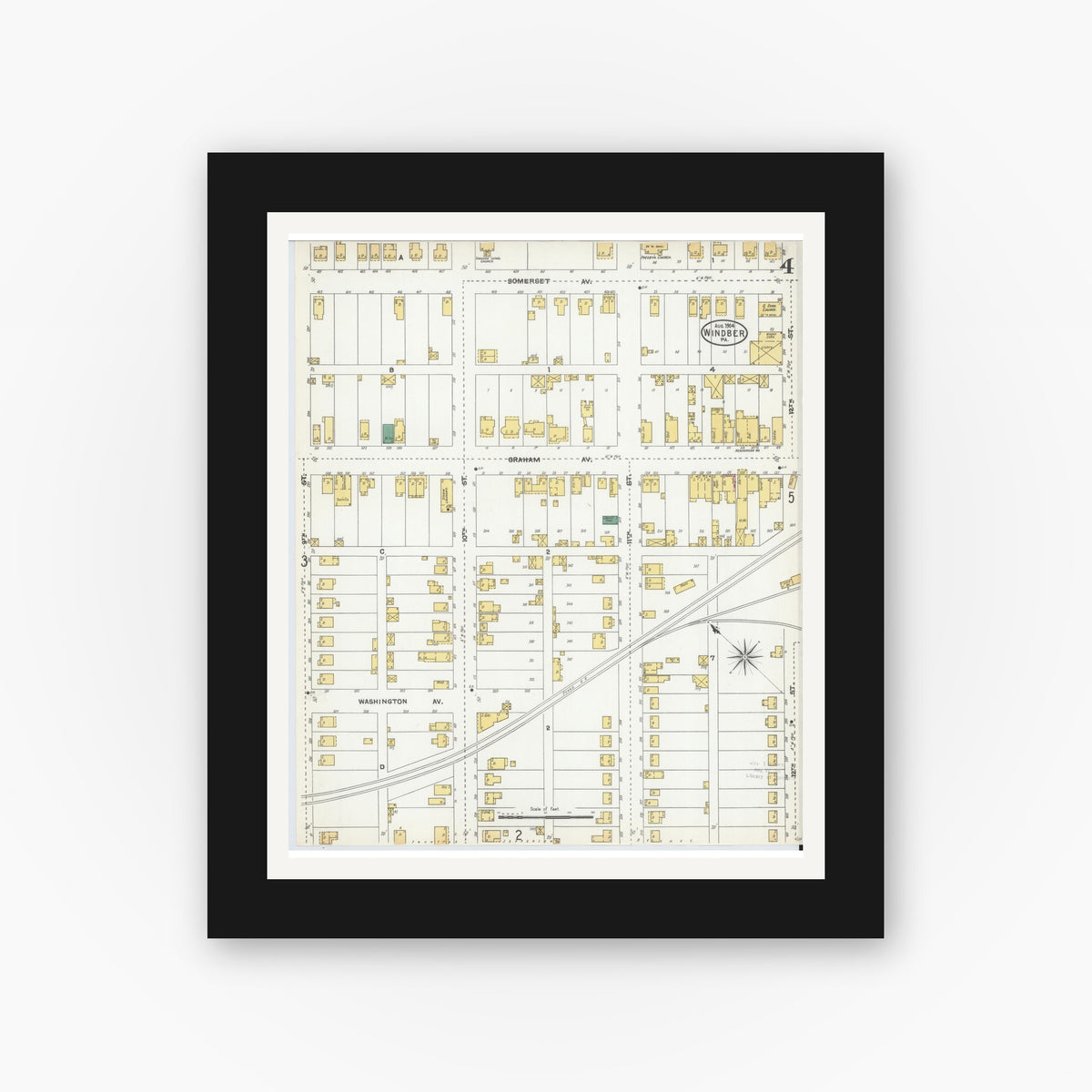 Old map wall art mockup — black gallery frame with white mat — Sanborn Fire Insurance Map from Windber, Somerset County, Pennsylvania (1904), Sheet #0004