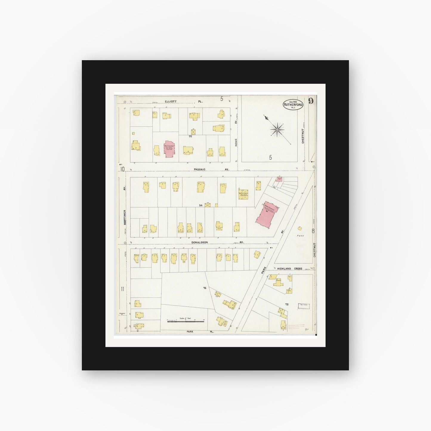 Old map wall art mockup — black gallery frame with white mat — Sanborn Fire Insurance Map from Rutherford, Bergen County, New Jersey (1902), Sheet #0009