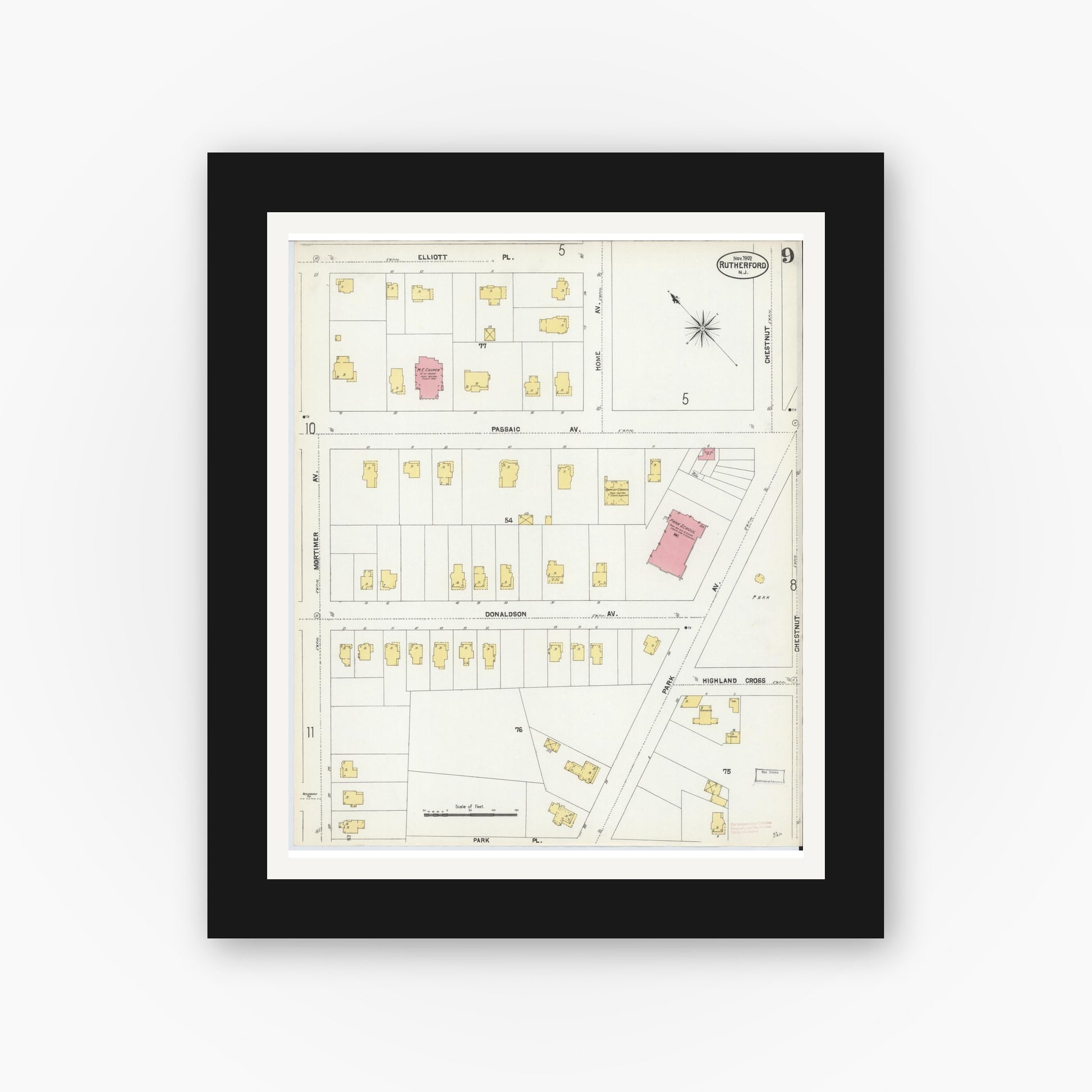 Old map wall art mockup — black gallery frame with white mat — Sanborn Fire Insurance Map from Rutherford, Bergen County, New Jersey (1902), Sheet #0009