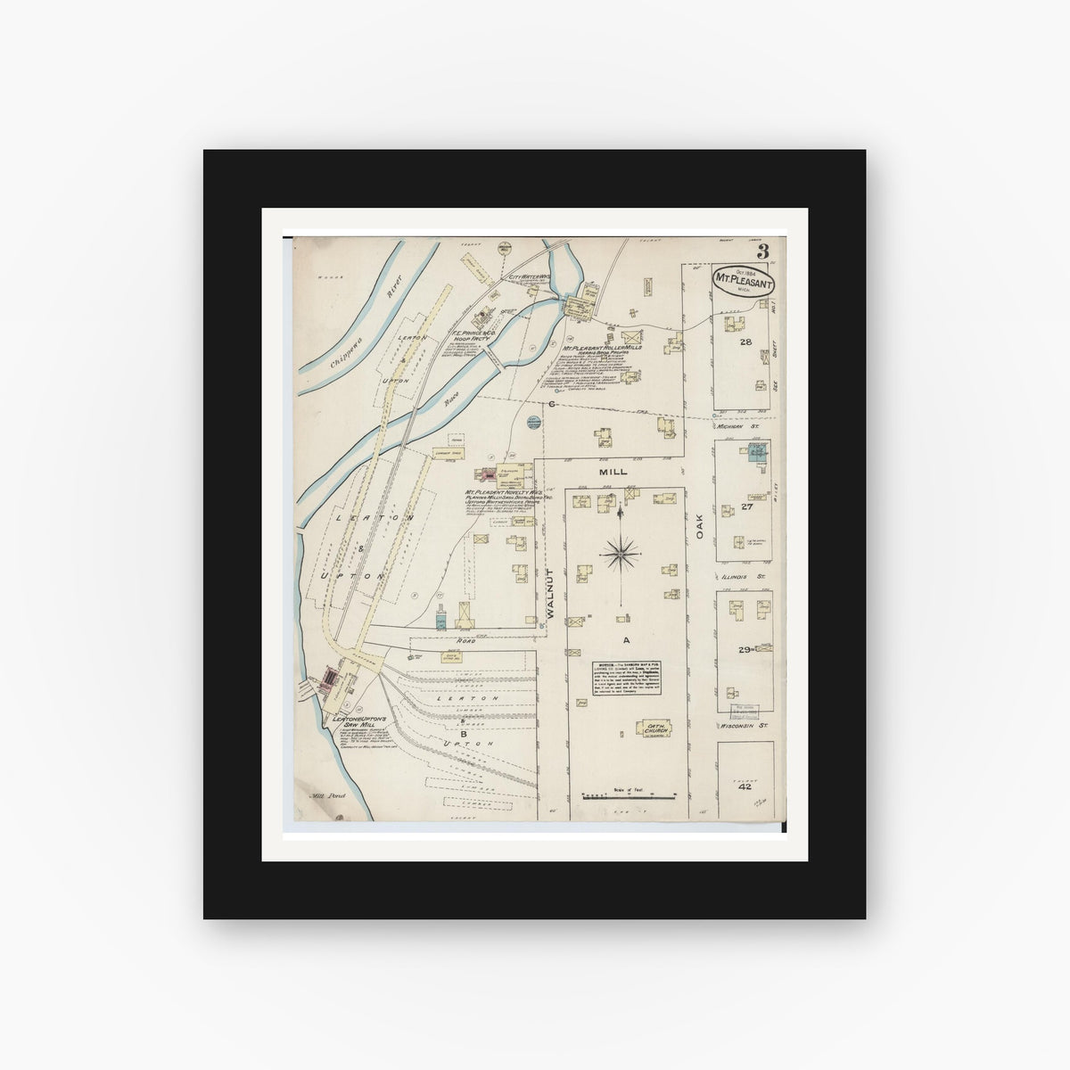 Old map wall art mockup — black gallery frame with white mat — Sanborn Fire Insurance Map from Mount Pleasant, Isabella County, Michigan (1884), Sheet #0003