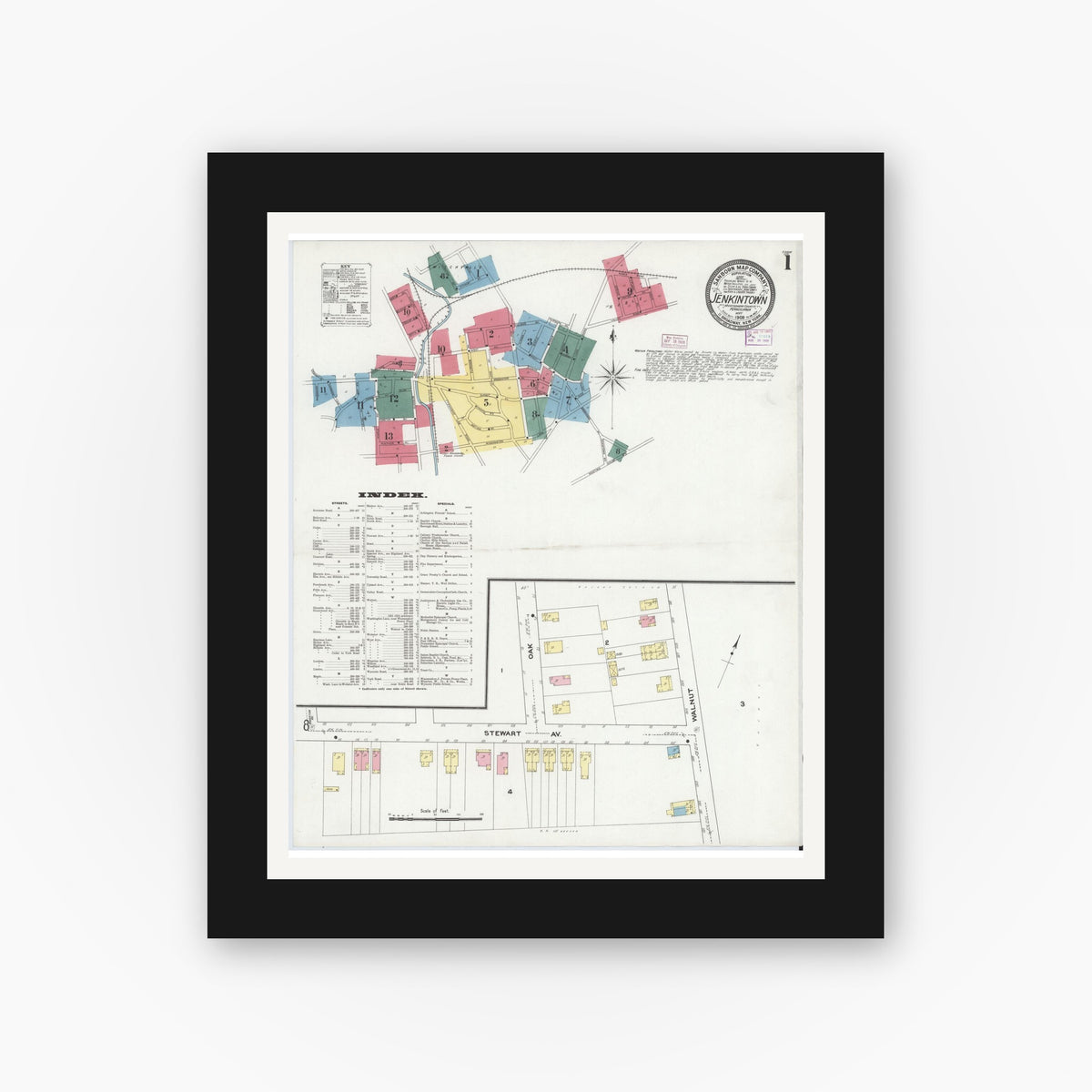Old map wall art mockup — black gallery frame with white mat — Sanborn Fire Insurance Map from Jenkintown, Montgomery County, Pennsylvania (1909) - Complete Map Set