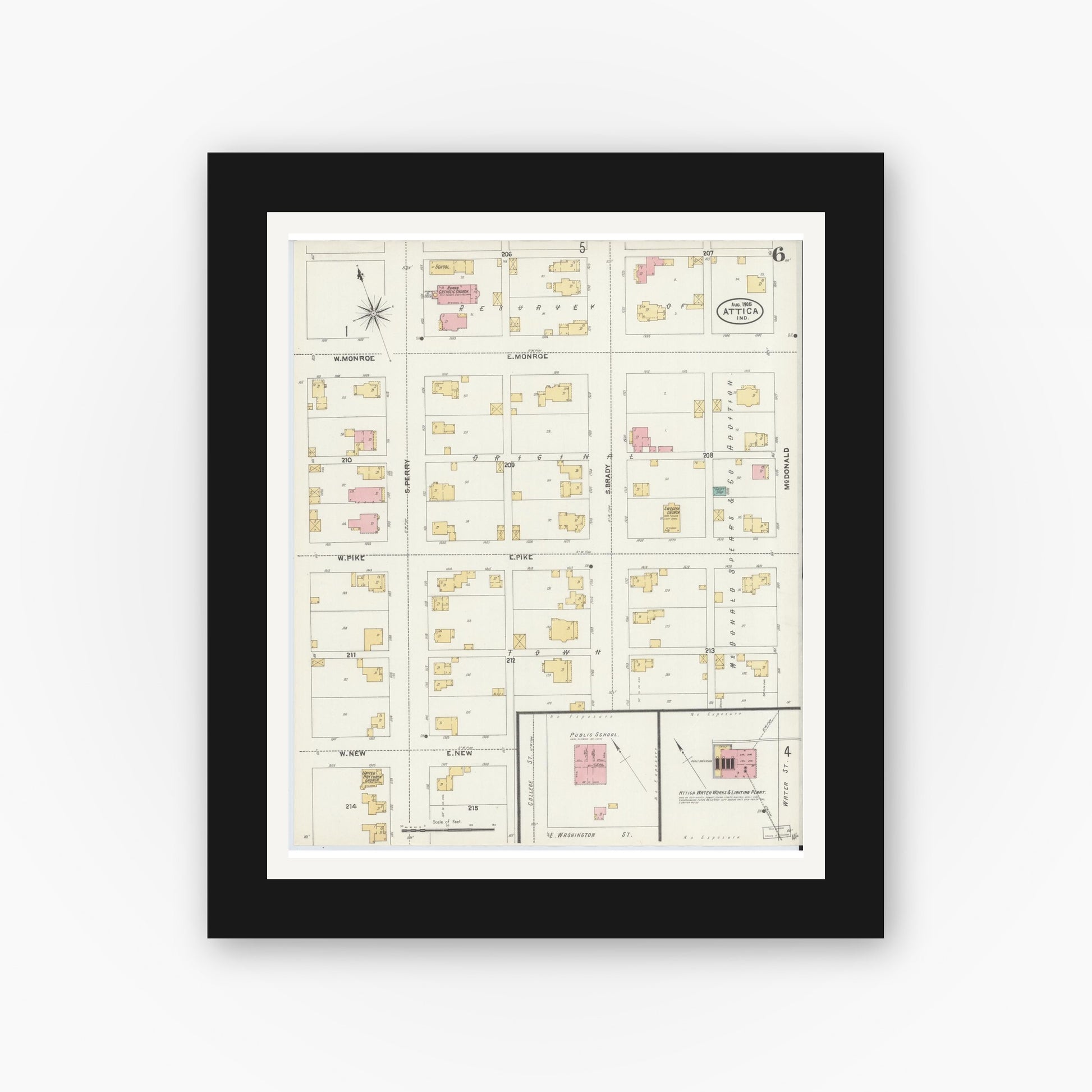 Old map wall art mockup — black gallery frame with white mat — Sanborn Fire Insurance Map from Attica, Fountain County, Indiana (1905), Sheet #0006
