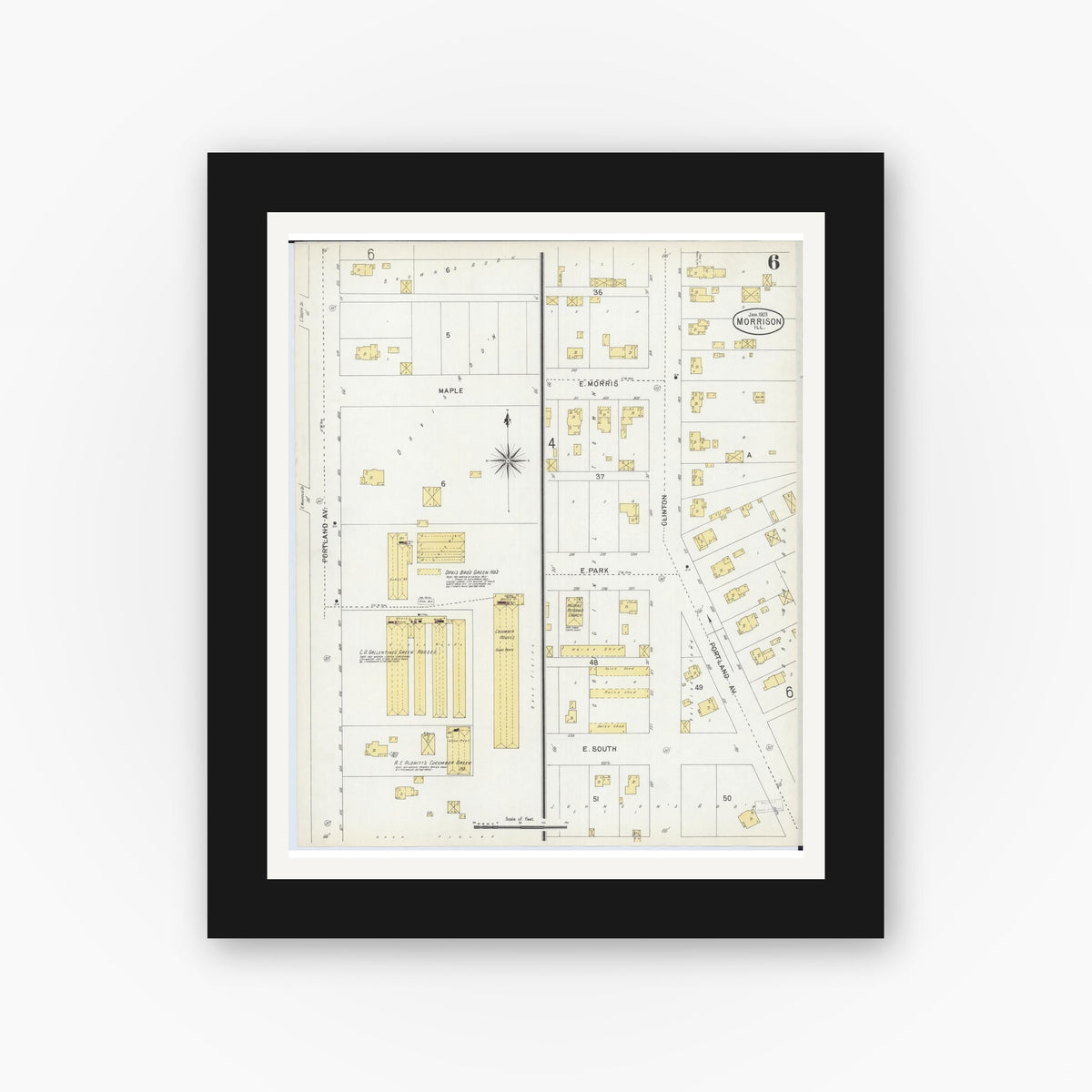 Old map wall art mockup — black gallery frame with white mat — Sanborn Fire Insurance Map from Morrison, Whiteside County, Illinois (1903), Sheet #0006