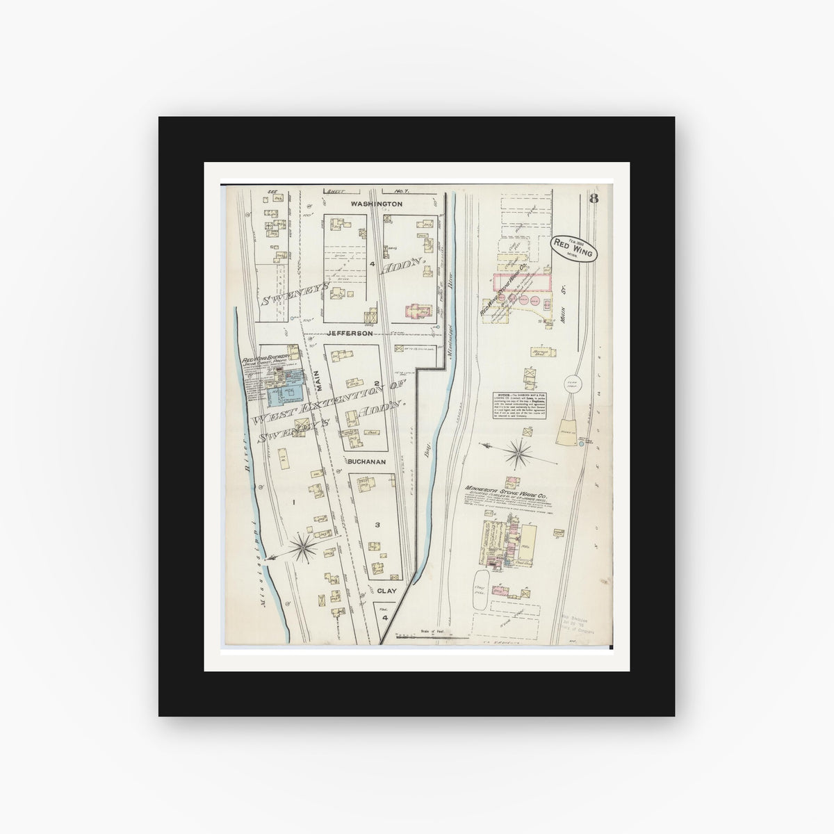 Old map wall art mockup — black gallery frame with white mat — Sanborn Fire Insurance Map from Red Wing, Goodhue County, Minnesota (1884), Sheet #0008