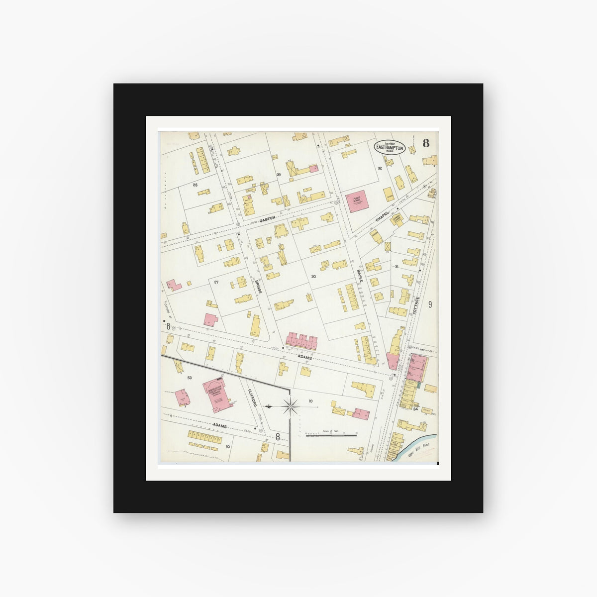 Old map wall art mockup — black gallery frame with white mat — Sanborn Fire Insurance Map from East Hampton, Hampshire County, Massachusetts (1902), Sheet #0008