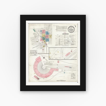 Old map wall art mockup — black gallery frame with white mat — Sanborn Fire Insurance Map from Oelwein, Fayette County, Iowa (1914) â€” Complete Set