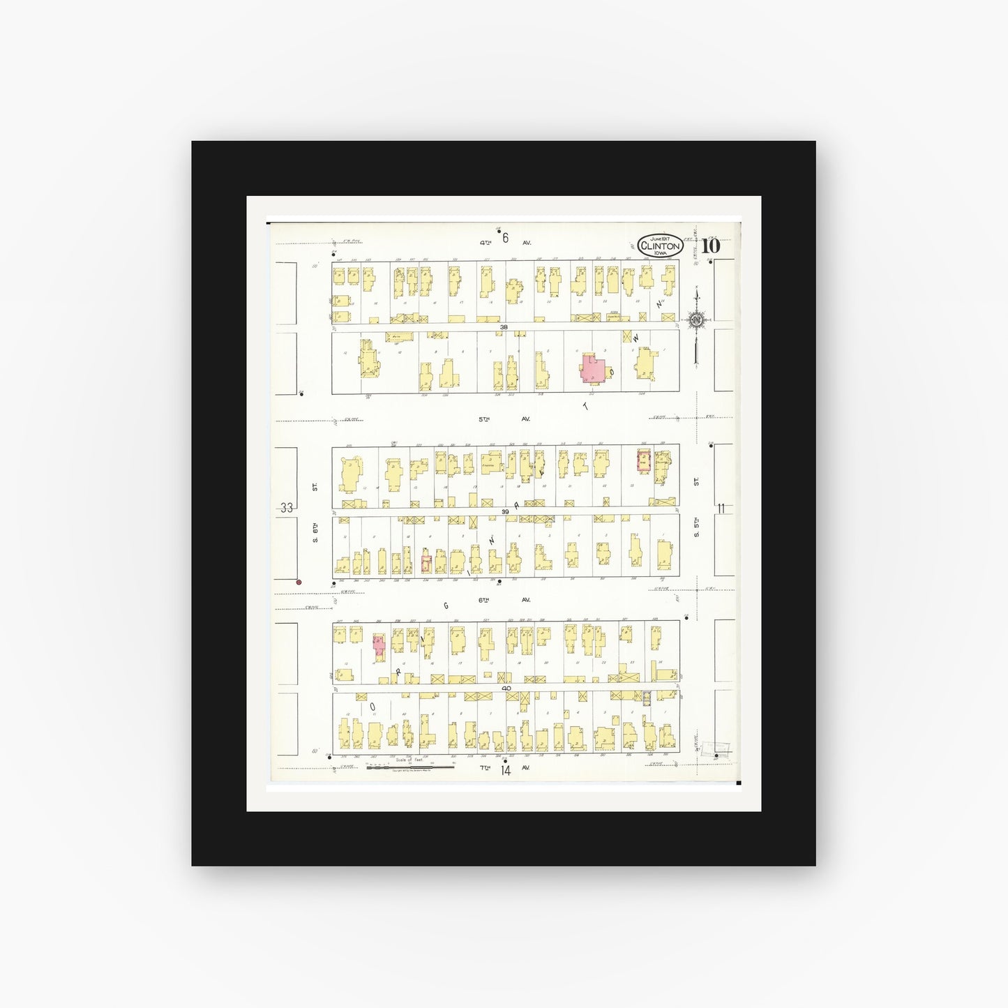 Old map wall art mockup — black gallery frame with white mat — Sanborn Fire Insurance Map from Clinton, Clinton County, Iowa (1917), Sheet #0010