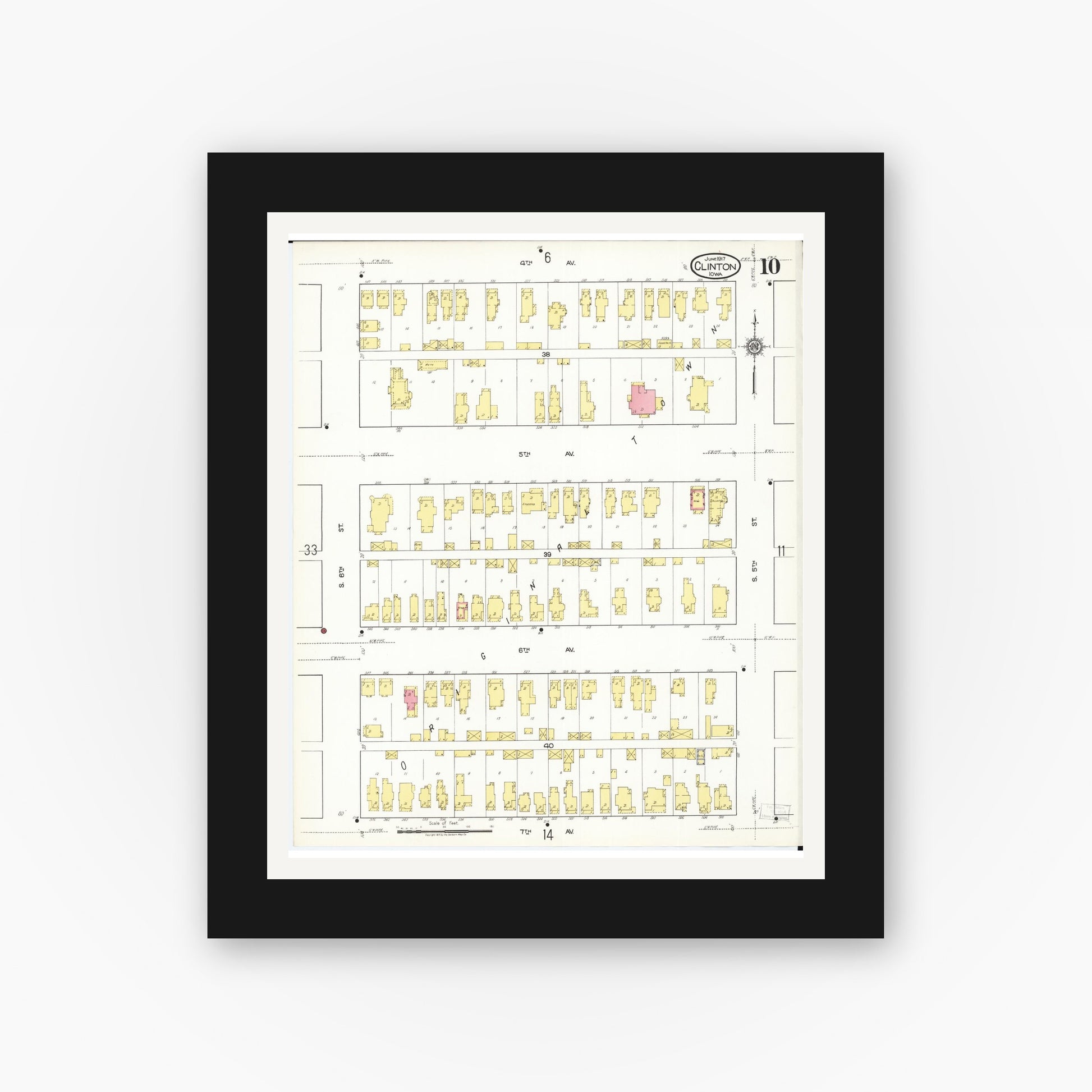 Old map wall art mockup — black gallery frame with white mat — Sanborn Fire Insurance Map from Clinton, Clinton County, Iowa (1917), Sheet #0010
