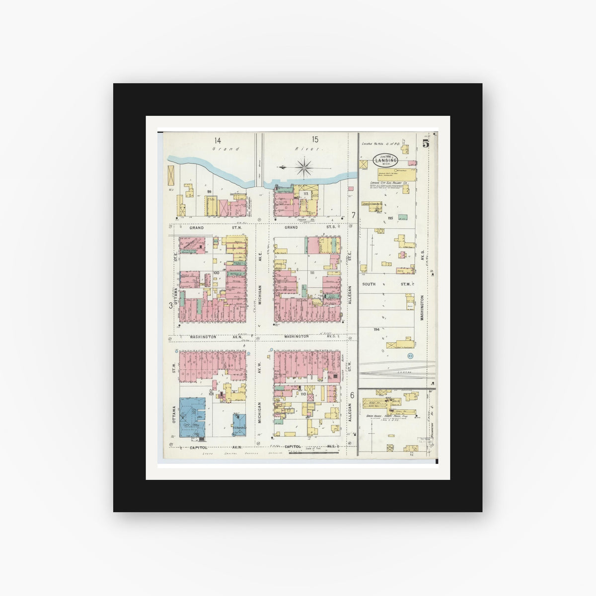 Old map wall art mockup — black gallery frame with white mat — Sanborn Fire Insurance Map from Lansing, Ingham County, Michigan (1898), Sheet #0005