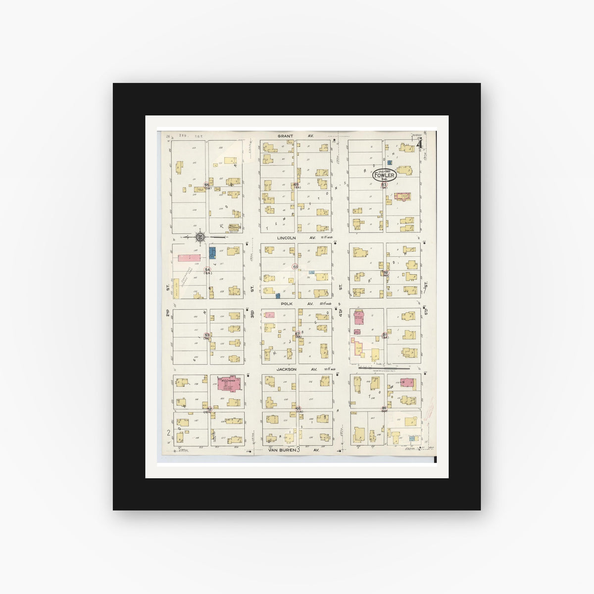 Old map wall art mockup — black gallery frame with white mat — Sanborn Fire Insurance Map from Fowler, Benton County, Indiana (1932), Sheet #0004