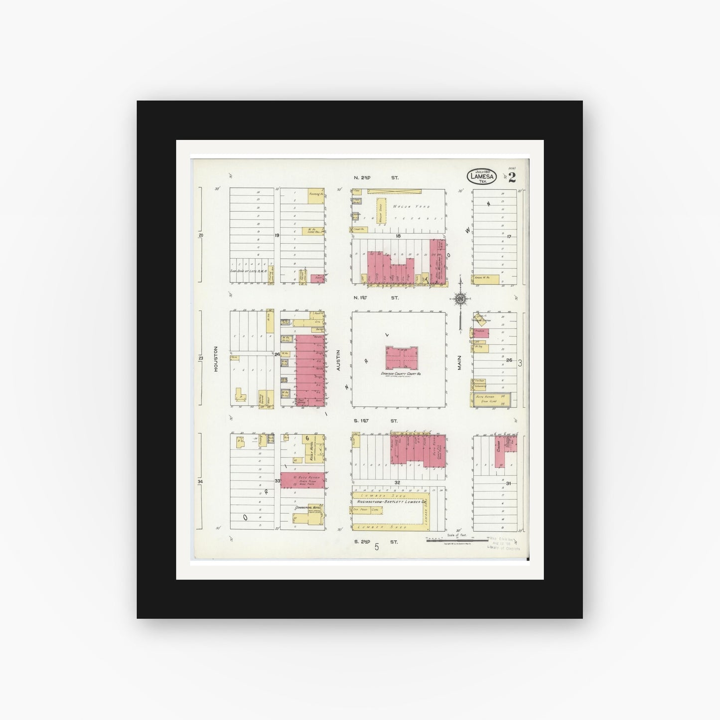 Old map wall art mockup — black gallery frame with white mat — Sanborn Fire Insurance Map from Lamesa, Dawson County, Texas (1921), Sheet #0002