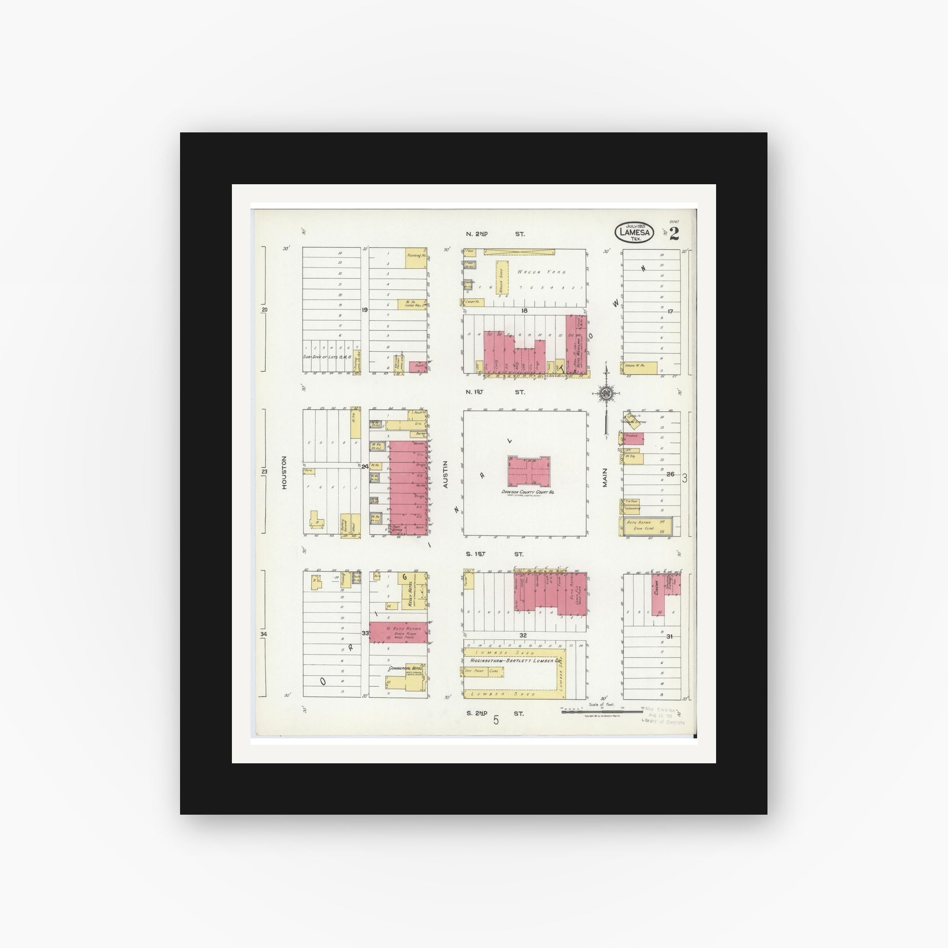 Old map wall art mockup — black gallery frame with white mat — Sanborn Fire Insurance Map from Lamesa, Dawson County, Texas (1921), Sheet #0002