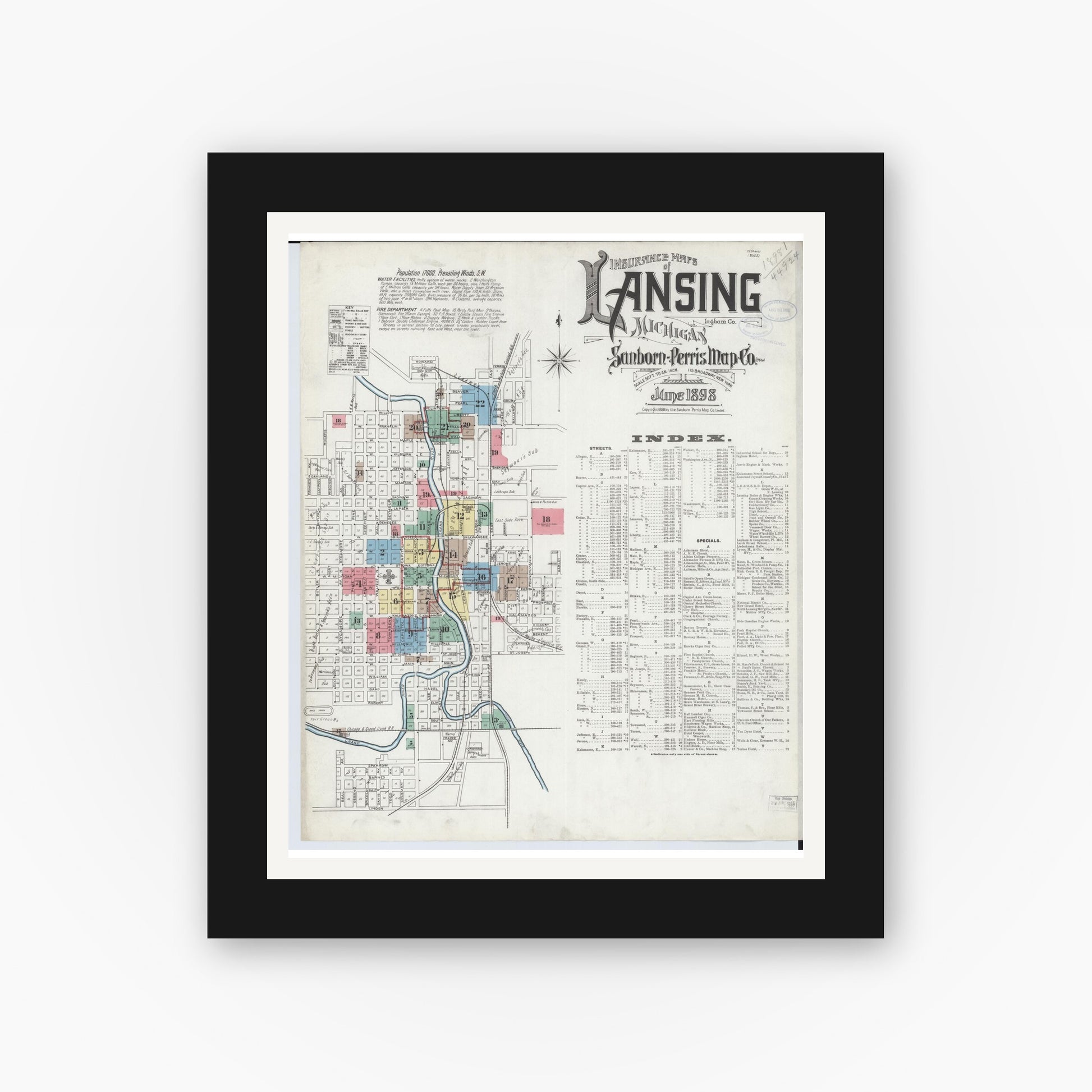 Old map wall art mockup — black gallery frame with white mat — Sanborn Fire Insurance Map from Lansing, Ingham County, Michigan (1898) - Complete Map Set
