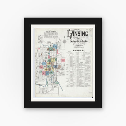 Old map wall art mockup — black gallery frame with white mat — Sanborn Fire Insurance Map from Lansing, Ingham County, Michigan (1898) - Complete Map Set
