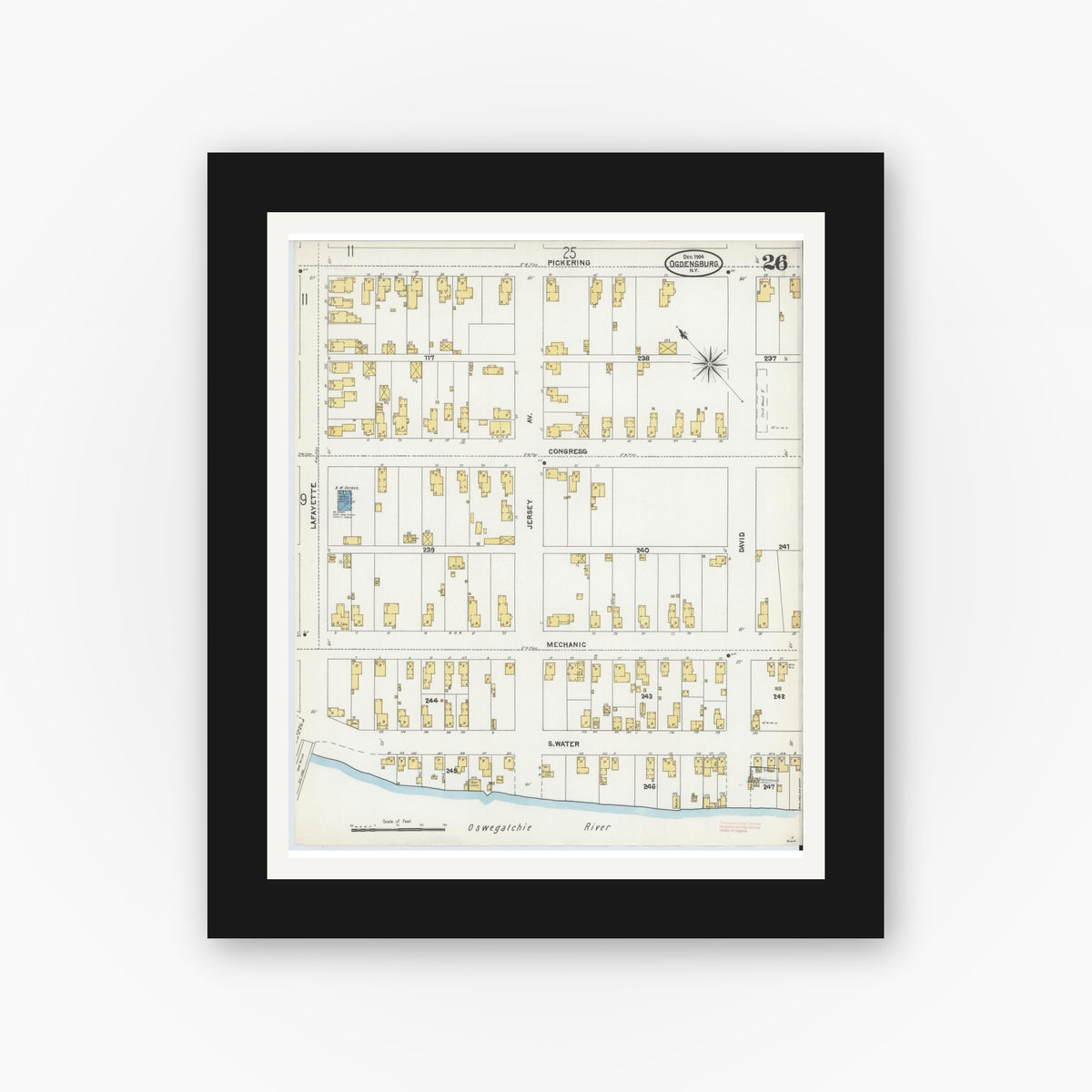 Old map wall art mockup — black gallery frame with white mat — Sanborn Fire Insurance Map from Ogdensburg, St. Lawrence County, New York (1904), Sheet #0026
