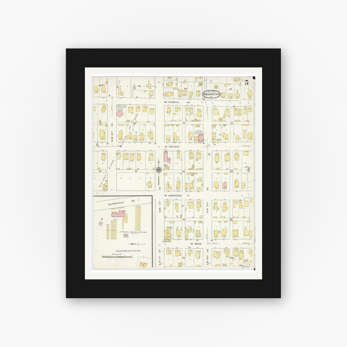 Old map wall art mockup — black gallery frame with white mat — Sanborn Fire Insurance Map from Washington, Daviess County, Indiana (1909), Sheet #0005