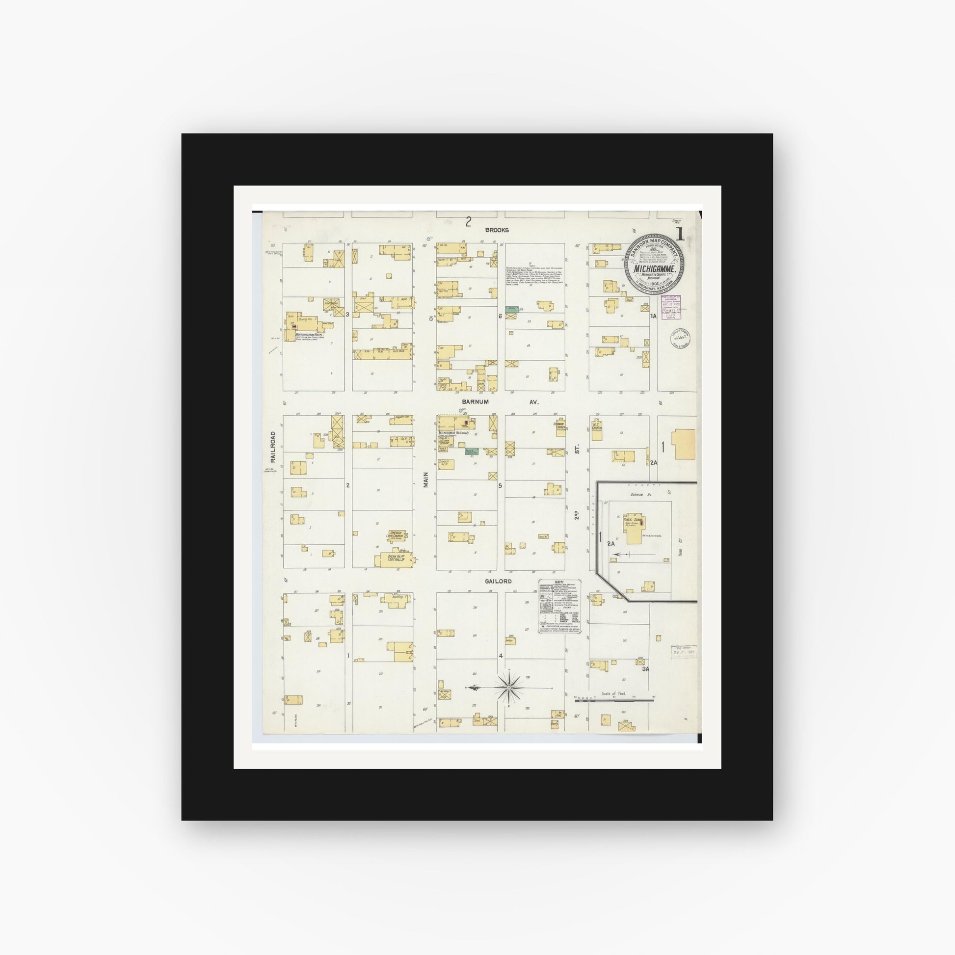Old map wall art mockup — black gallery frame with white mat — Sanborn Fire Insurance Map from Michigamme, Marquette County, Michigan (1902) - Complete Map Set