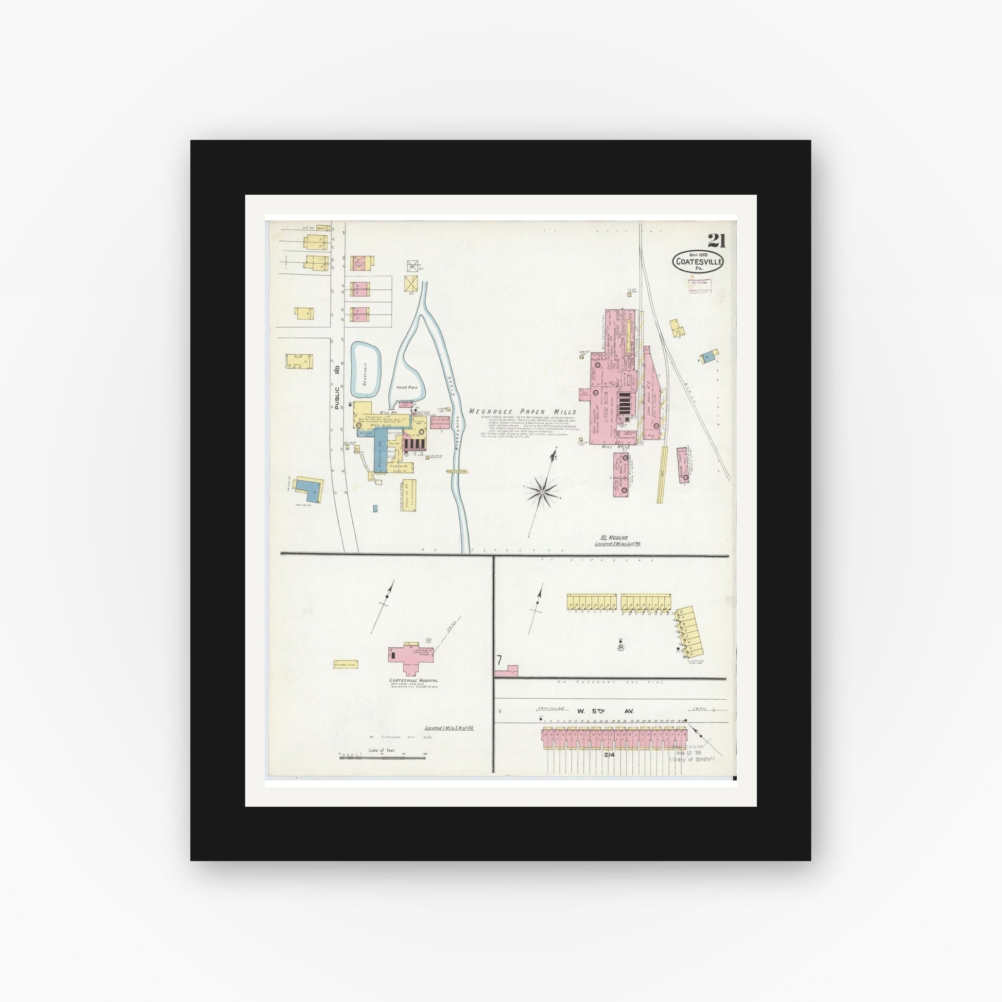 Old map wall art mockup — black gallery frame with white mat — Sanborn Fire Insurance Map from Coatesville, Chester County, Pennsylvania (1909), Sheet #0021