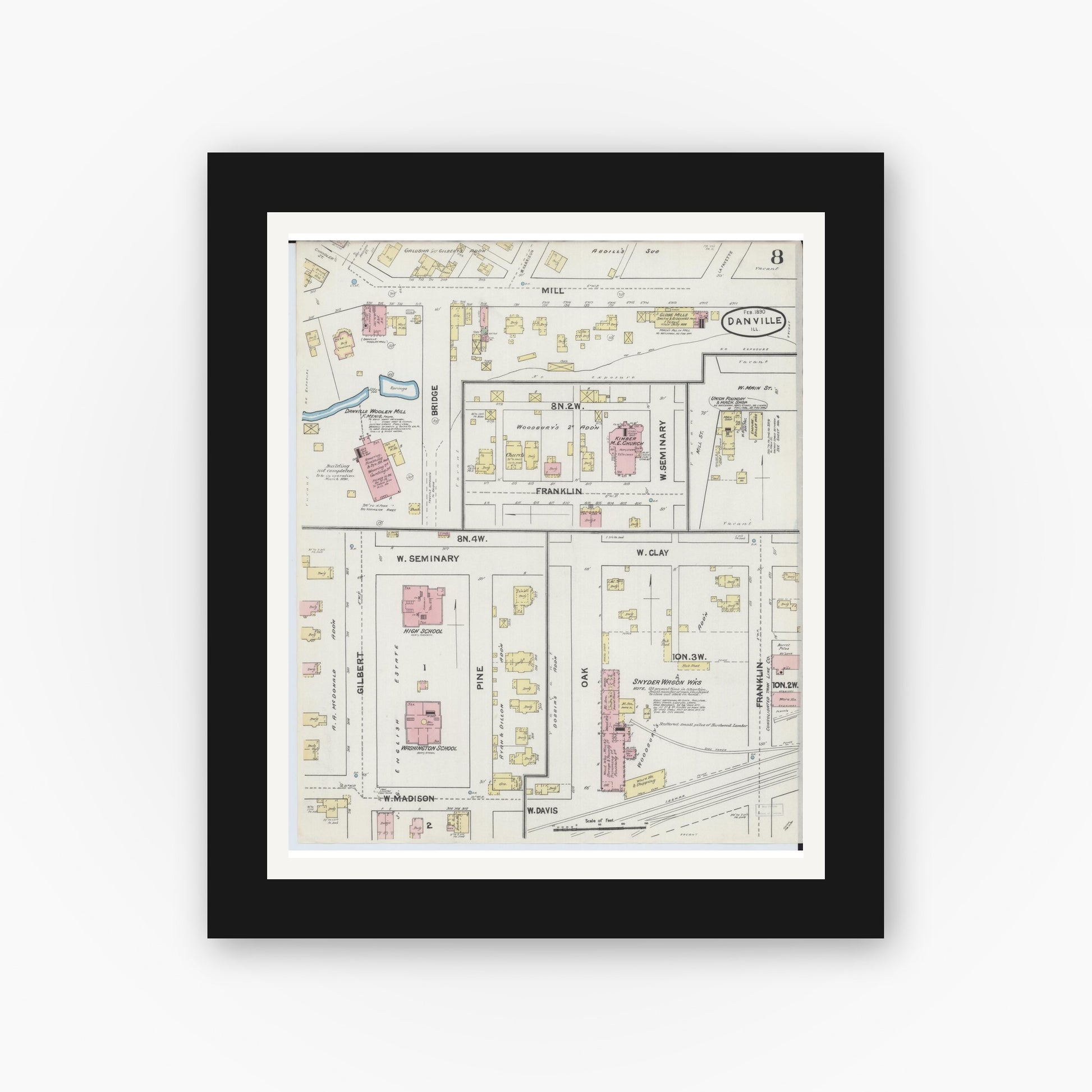 Old map wall art mockup — black gallery frame with white mat — Sanborn Fire Insurance Map from Danville, Vermilion County, Illinois (1890), Sheet #0008