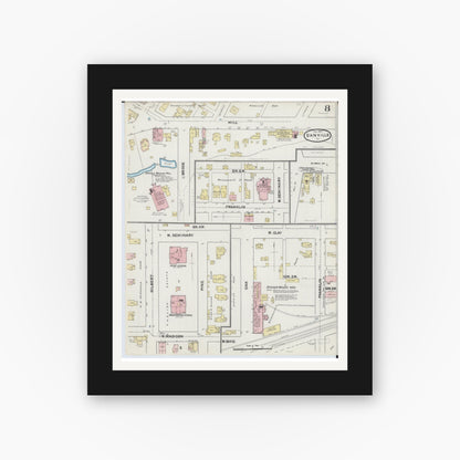 Old map wall art mockup — black gallery frame with white mat — Sanborn Fire Insurance Map from Danville, Vermilion County, Illinois (1890), Sheet #0008