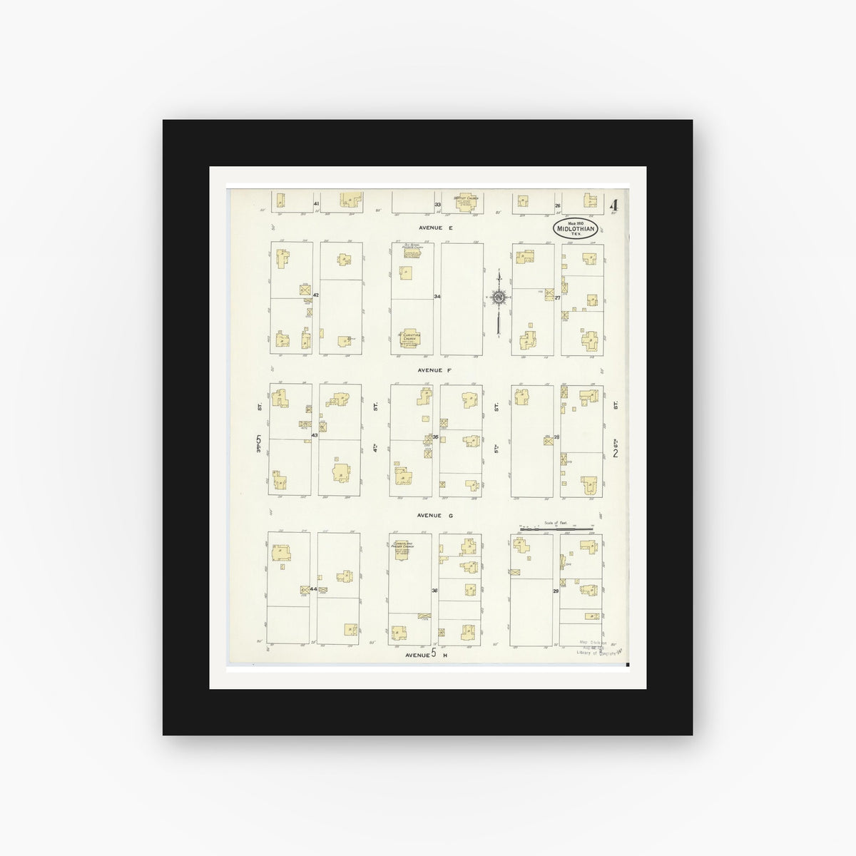 Old map wall art mockup — black gallery frame with white mat — Sanborn Fire Insurance Map from Midlothian, Ellis County, Texas (1910), Sheet #0004
