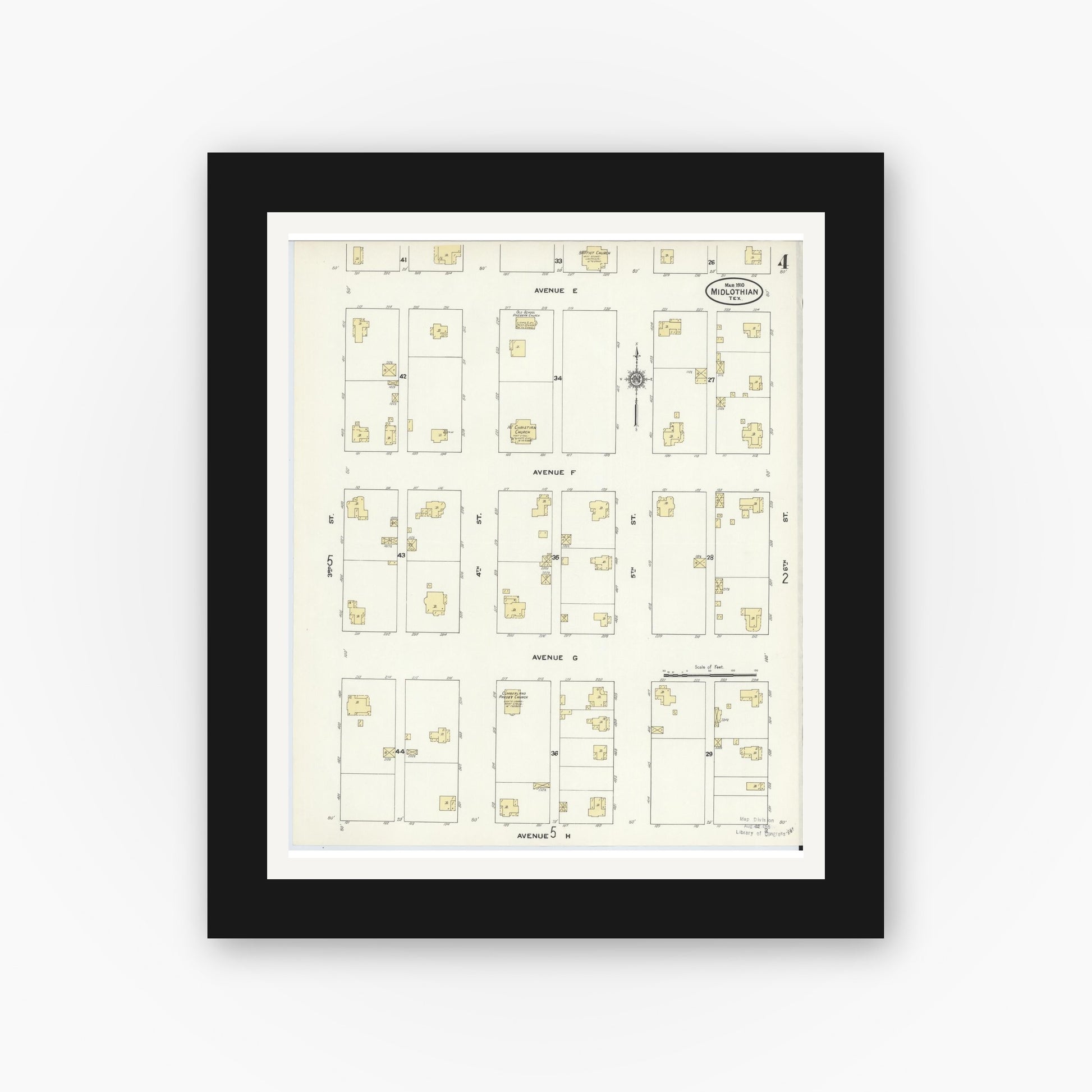 Old map wall art mockup — black gallery frame with white mat — Sanborn Fire Insurance Map from Midlothian, Ellis County, Texas (1910), Sheet #0004