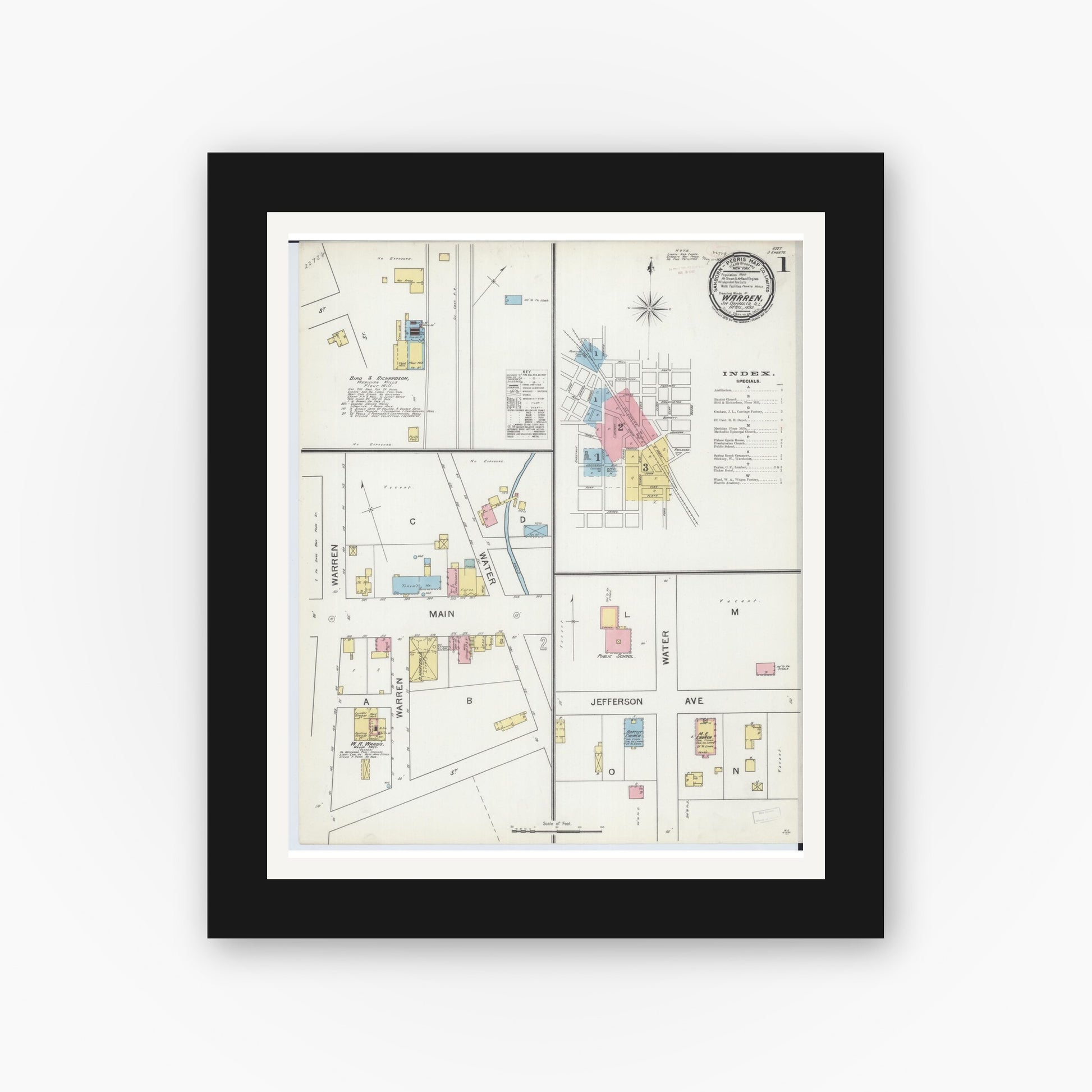 Old map wall art mockup — black gallery frame with white mat — Sanborn Fire Insurance Map from Warren, Jo Daviess County, Illinois (1893), Sheet #0001