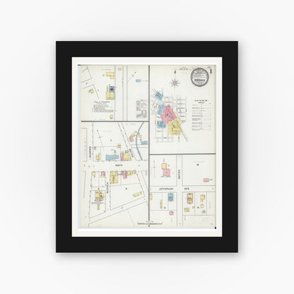 Old map wall art mockup — black gallery frame with white mat — Sanborn Fire Insurance Map from Warren, Jo Daviess County, Illinois (1893), Sheet #0001
