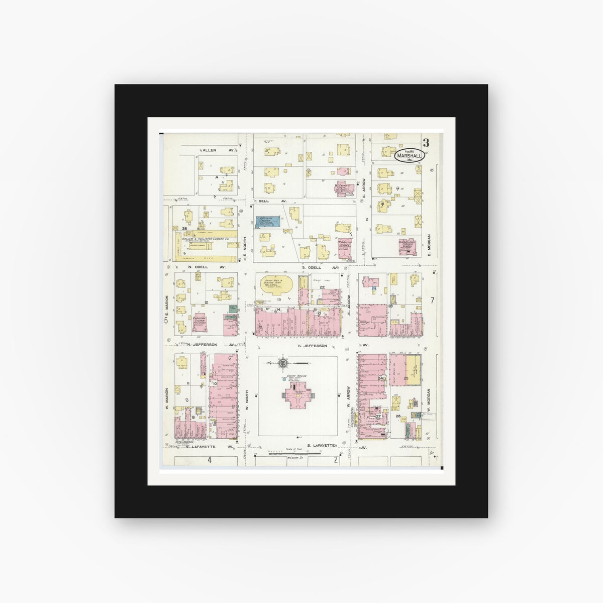 Old map wall art mockup — black gallery frame with white mat — Sanborn Fire Insurance Map from Marshall, Saline County, Missouri (1910), Sheet #0003