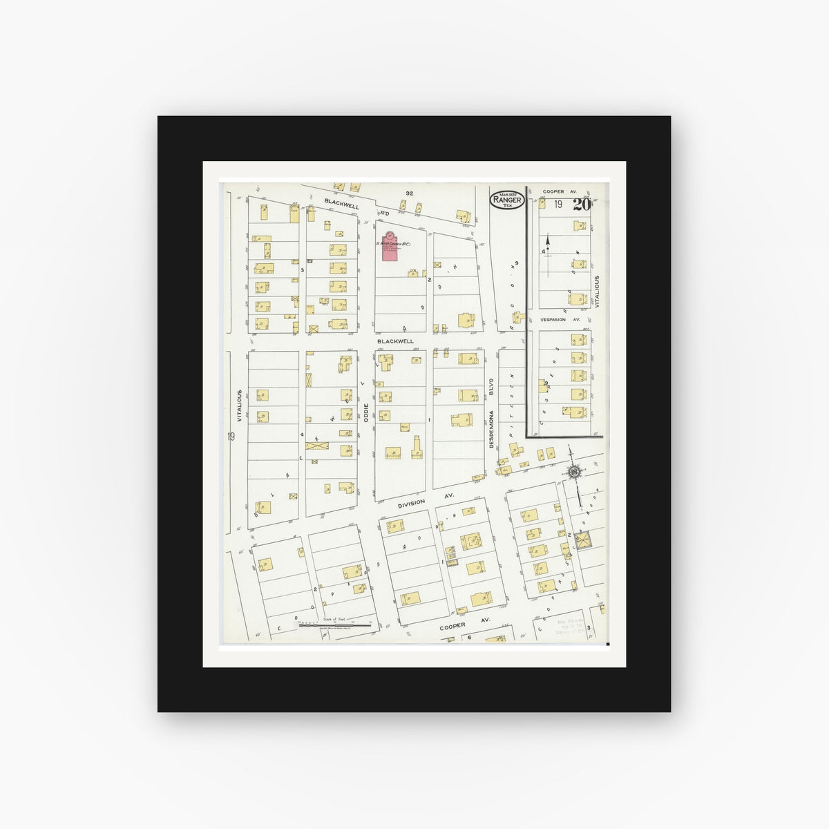 Old map wall art mockup — black gallery frame with white mat — Sanborn Fire Insurance Map from Ranger, Eastland County, Texas (1920), Sheet #0020