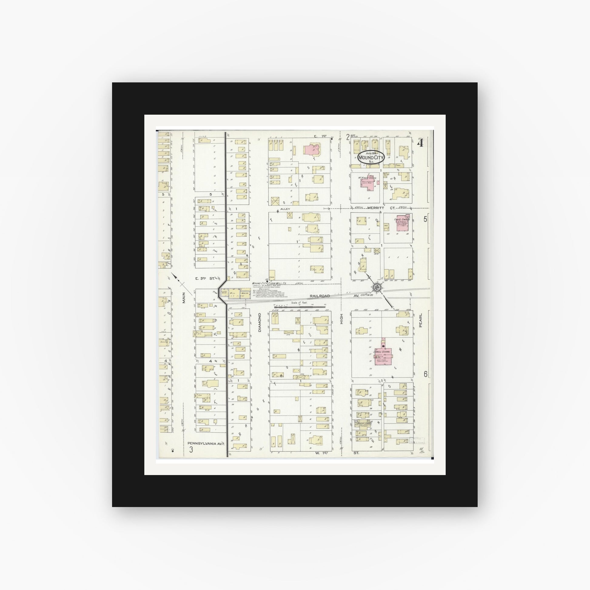 Old map wall art mockup — black gallery frame with white mat — Sanborn Fire Insurance Map from Mound City, Pulaski County, Illinois (1914), Sheet #0004