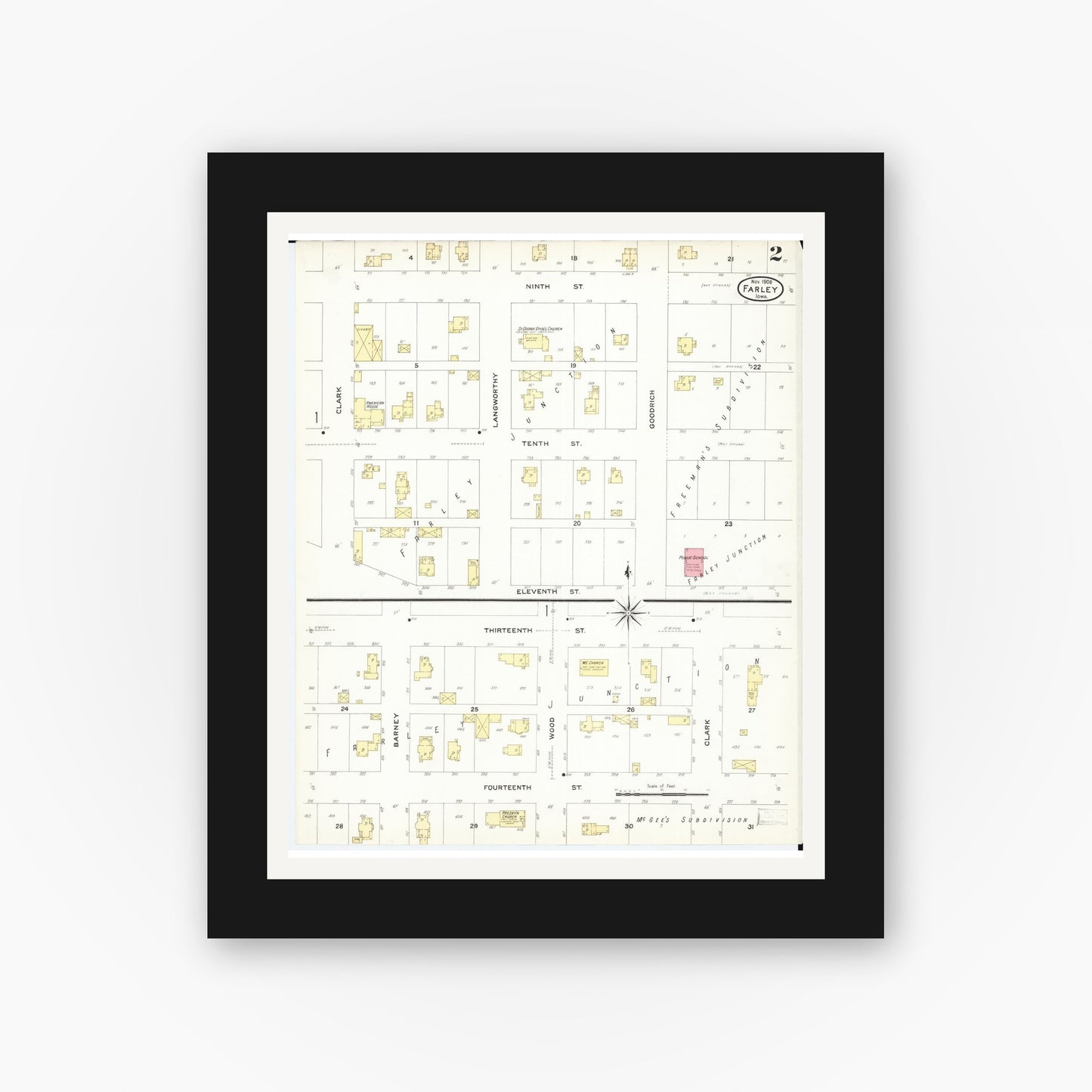 Old map wall art mockup — black gallery frame with white mat — Sanborn Fire Insurance Map from Farley, Dubuque County, Iowa (1908), Sheet #0002
