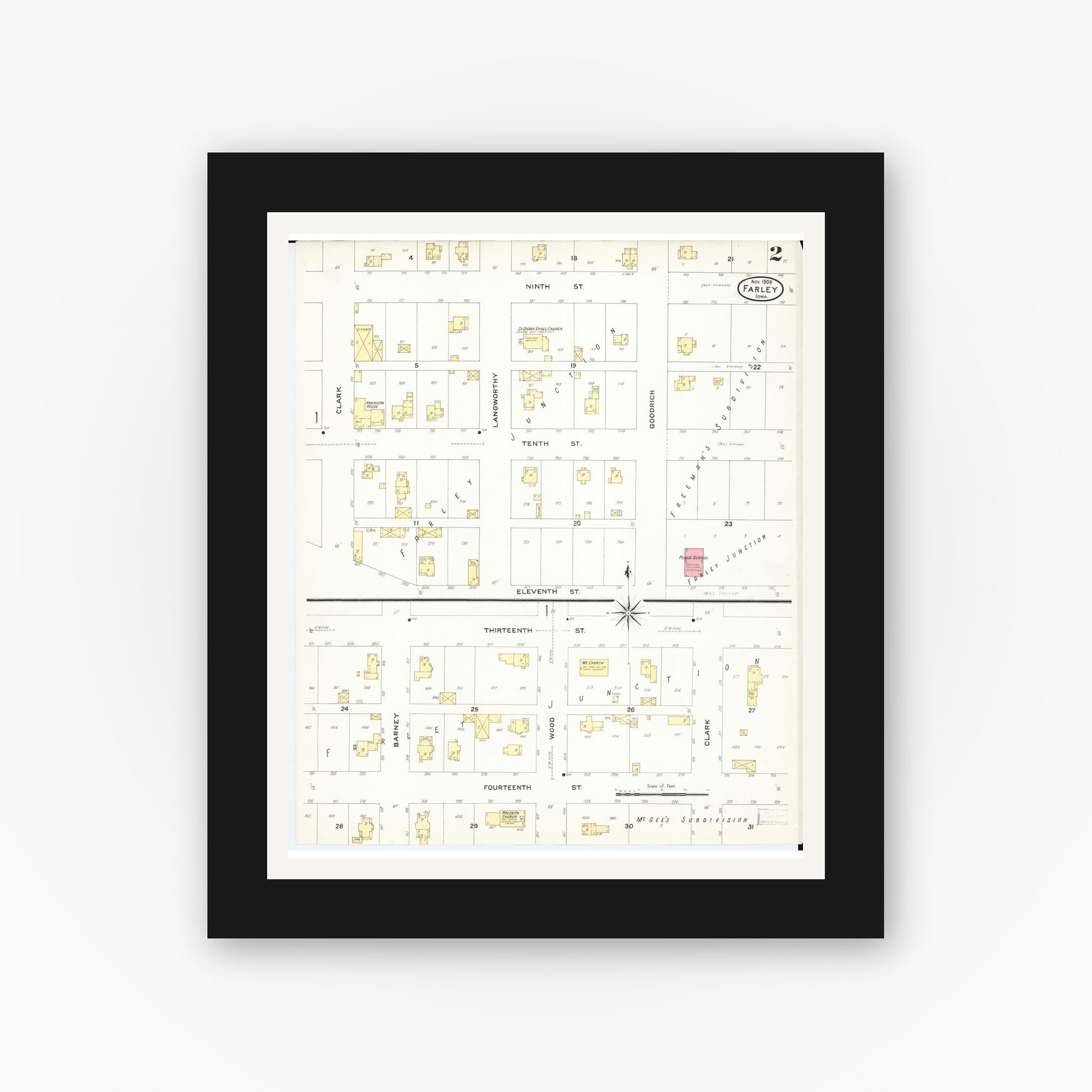 Old map wall art mockup — black gallery frame with white mat — Sanborn Fire Insurance Map from Farley, Dubuque County, Iowa (1908), Sheet #0002