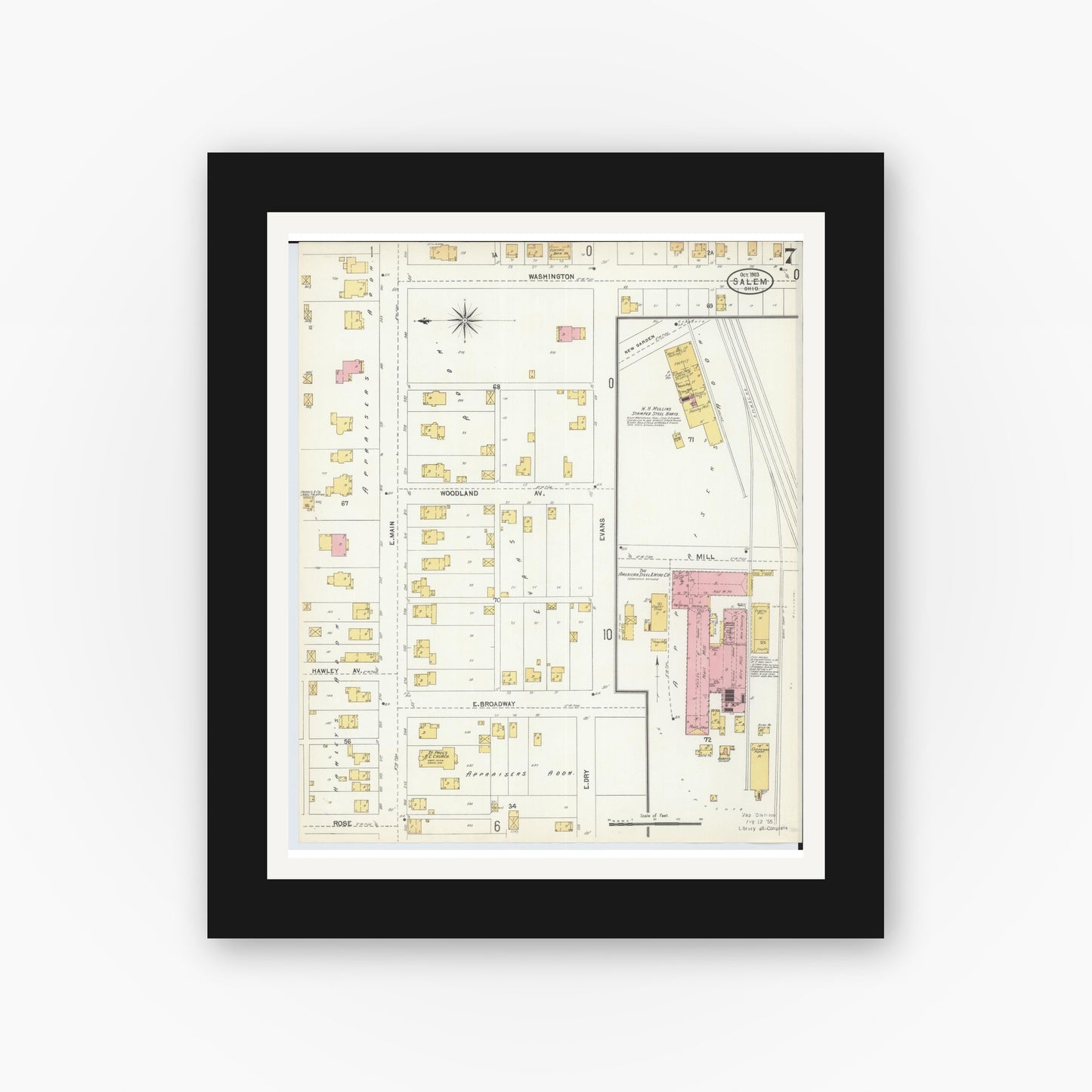 Old map wall art mockup — black gallery frame with white mat — Sanborn Fire Insurance Map from Salem, Columbiana County, Ohio (1903), Sheet #0007