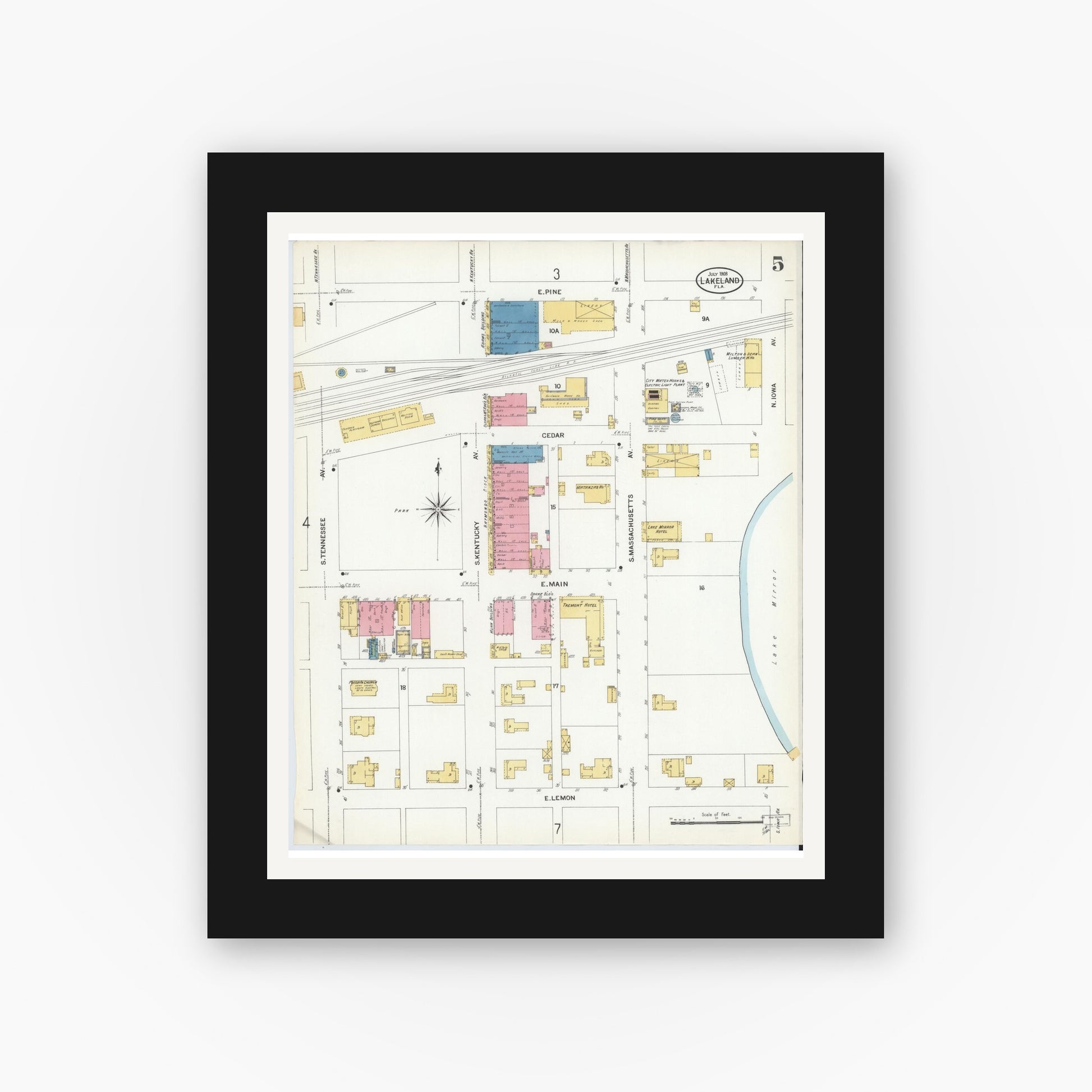 Old map wall art mockup — black gallery frame with white mat — Sanborn Fire Insurance Map from Lakeland, Polk County, Florida (1908), Sheet #0005